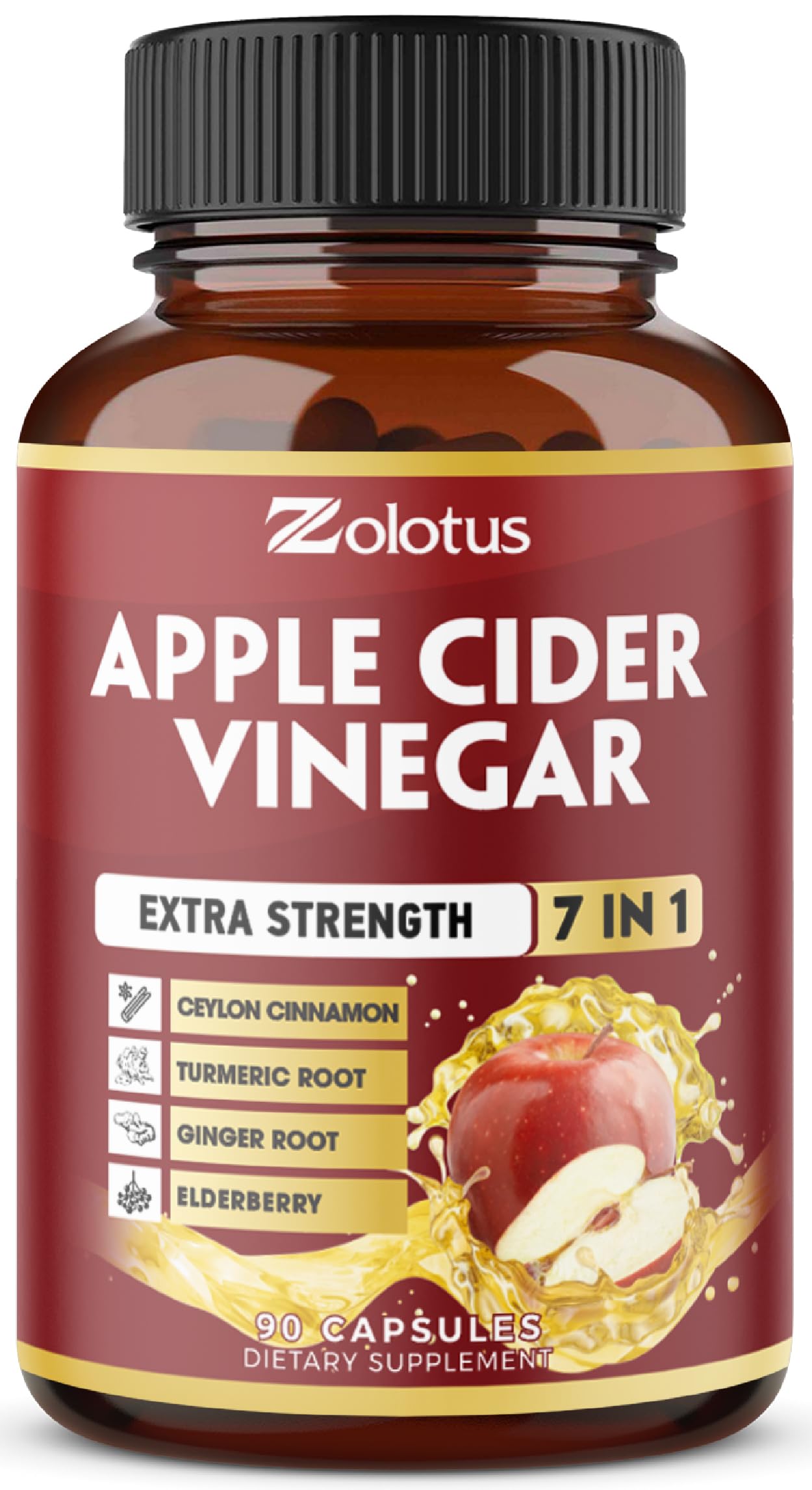 Zolotus 7 in 1 Apple Cider Vinegar Capsules, Equivalent to 3650mg, 3 Month Supply with Ceylon Cinnamon, Ginger Root, Turmeric, Elderberry, Best Supplement for Digestion, Immune