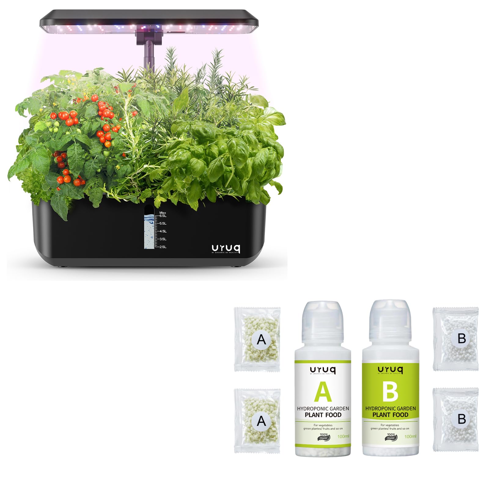 URUQ 12 Pods Hydroponics Growing System Indoor Garden Black & 600ml Plant Food Nutrients