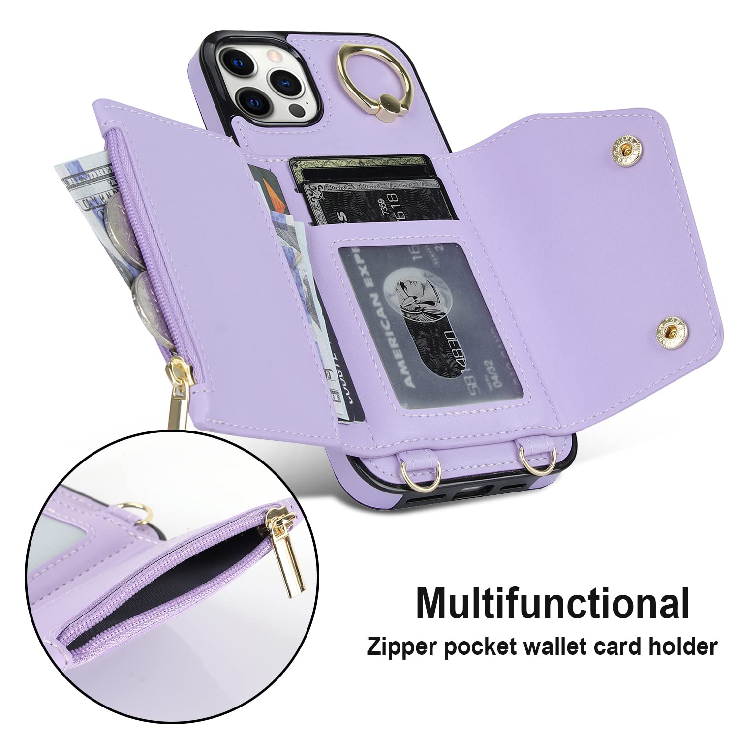 Lipvina for iPhone 12 Pro Max Case Wallet with Strap for Women,Crossbody Lanyard and Wristlet Strap,Zipper Pocket,Credit Card Holder,Stand Ring,Phone Wallet Case(6.7 inch,Purple)