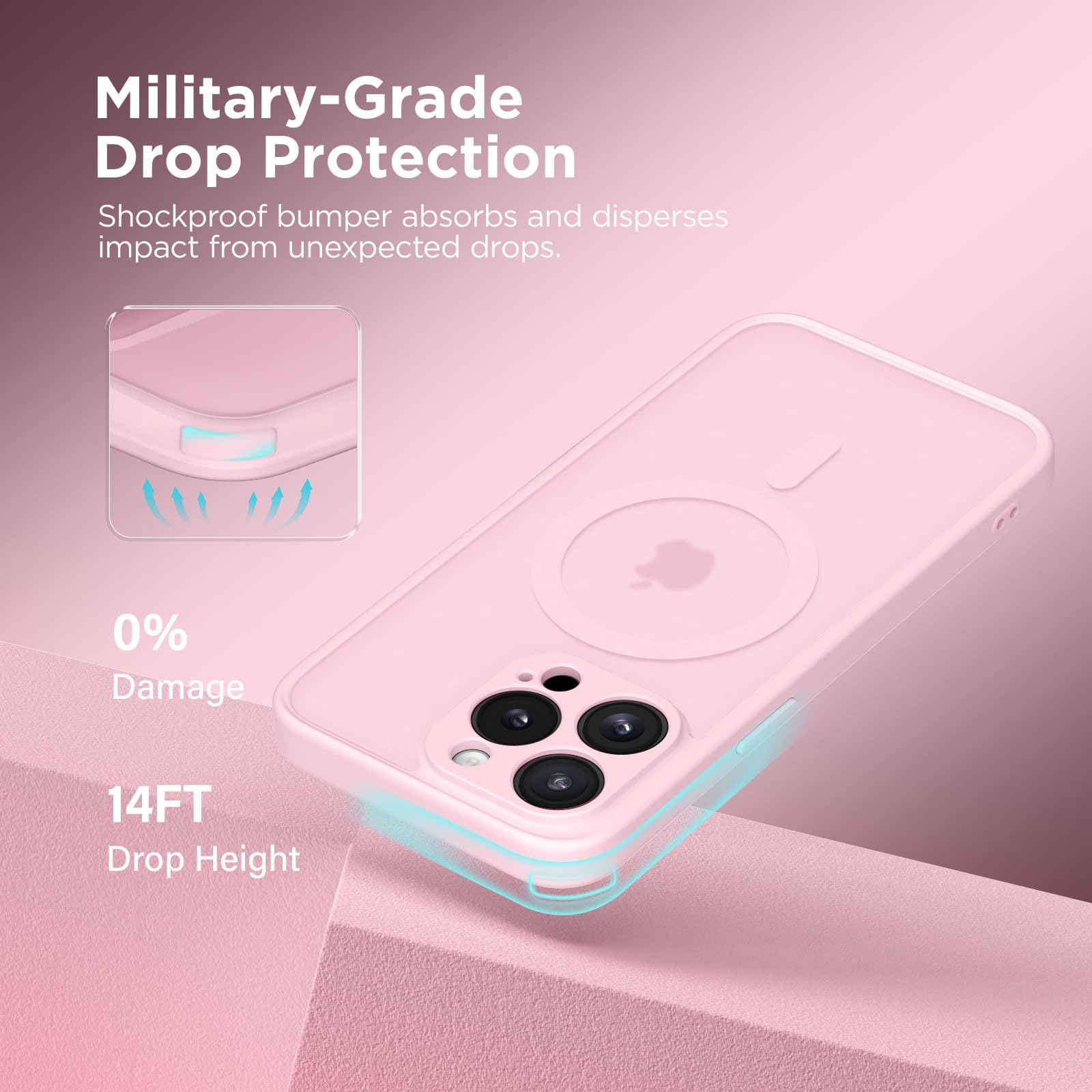 CAPRARO Magnetic for iPhone 15 Pro Max Case, [Compatible with MagSafe] [Full Camera Protection] [14FT Drop Protection] Shockproof Protective Slim Translucent Phone Case, Pastel Pink