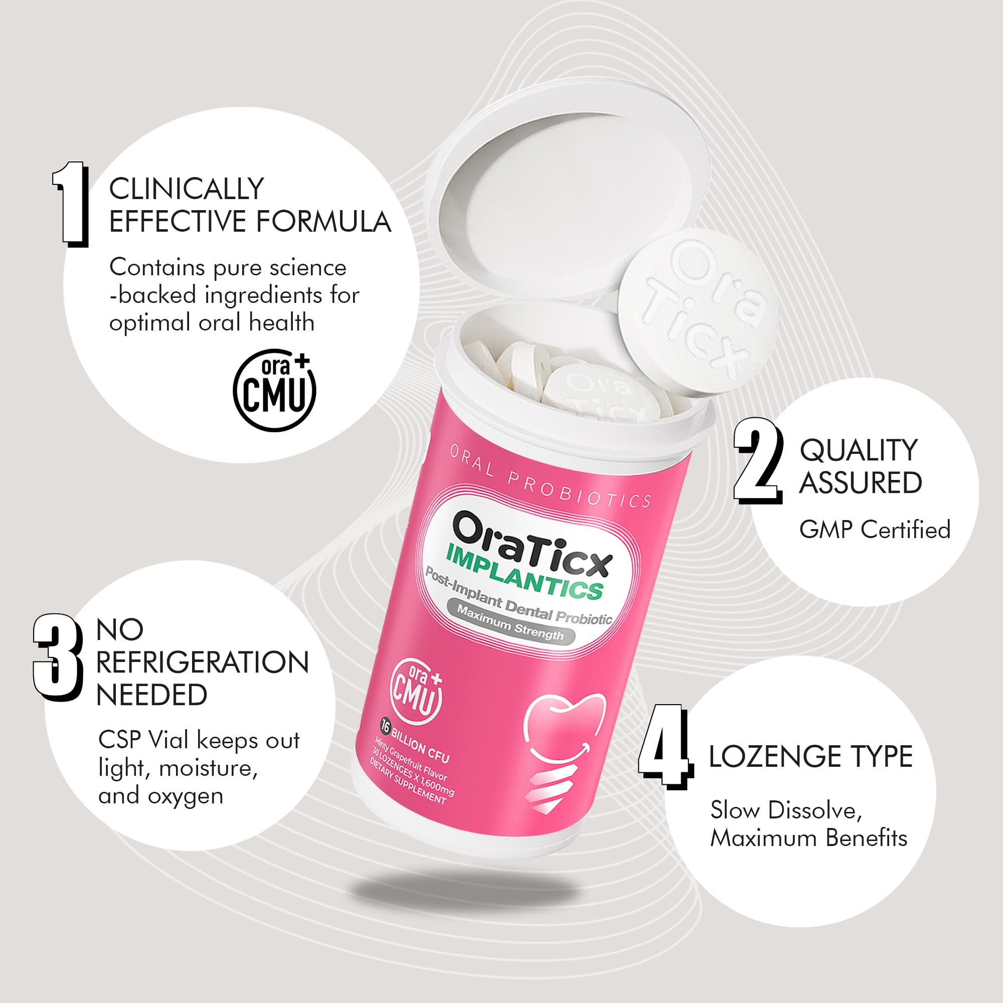 Implantics Oral Probiotics - Dental Implant Support - Maximum Strength Dental Care Formula - Advanced Oral Hygiene Supplement, 30-Lozenge 1-Pack