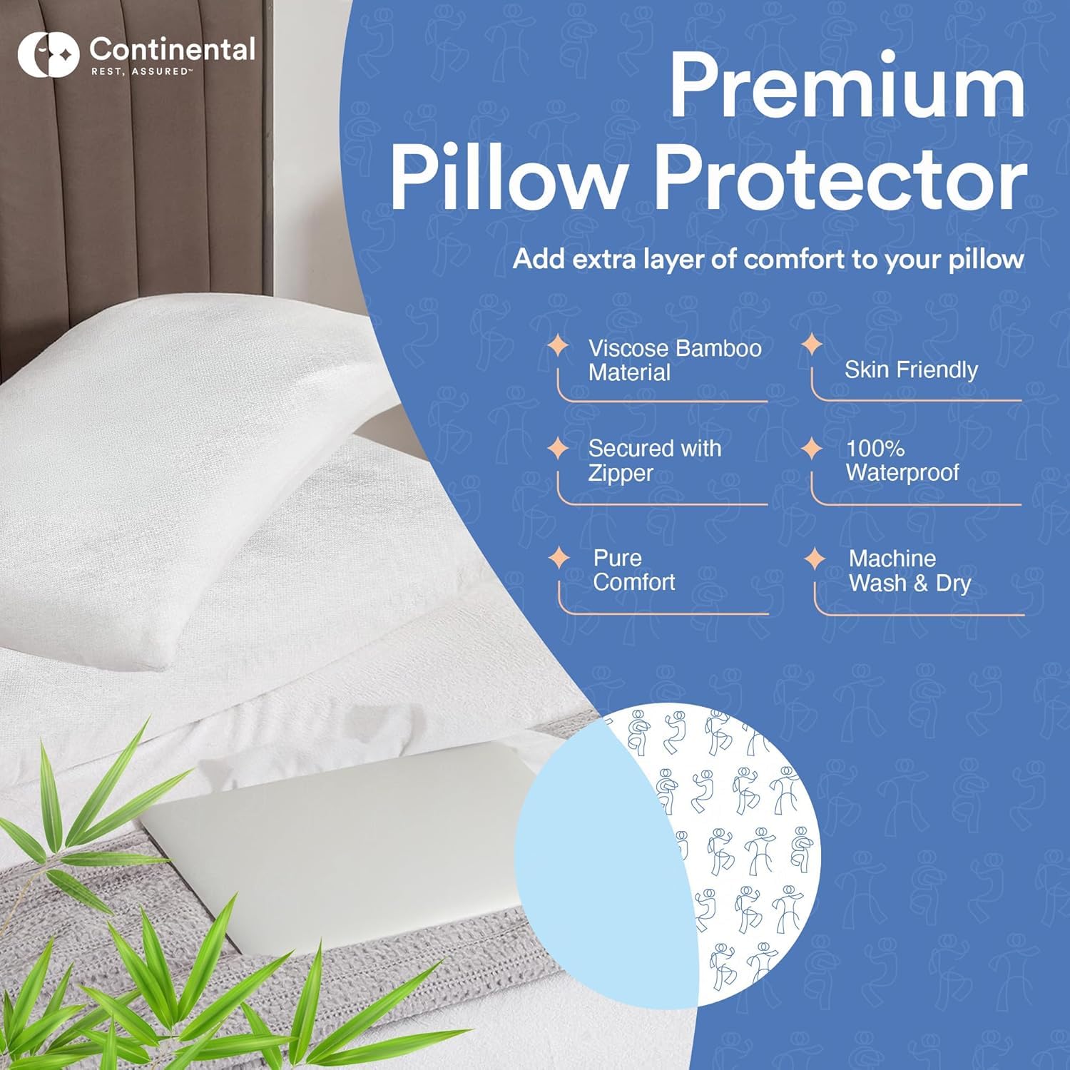 Continental Bedding Feather Proof, Waterproof and Down Proof Luxury Zippered Viscose Derived from Bamboo Pillow Protectors: Silky Smooth Comfort for Enhanced Sleep Size 20" x 20" Pack of 1