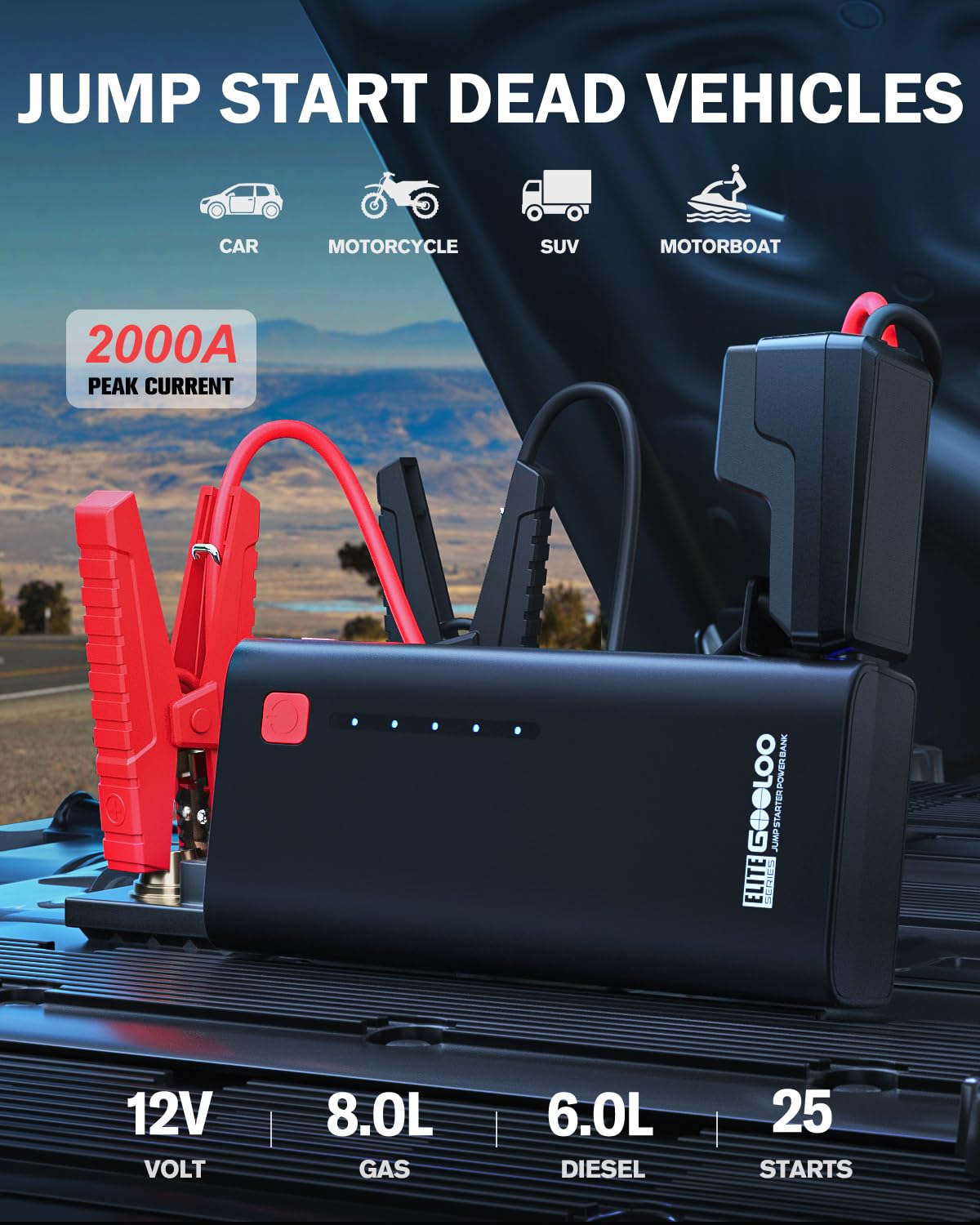 GOOLOO Jump Starter 2000A Peak Car Jumper Starter 12V SuperSafe Lithium Jump Box, Battery Booster Pack, Portable Car Battery Charger, and Jumper Cables for Up to 8.0L Gas or 6.0L Diesel Engine