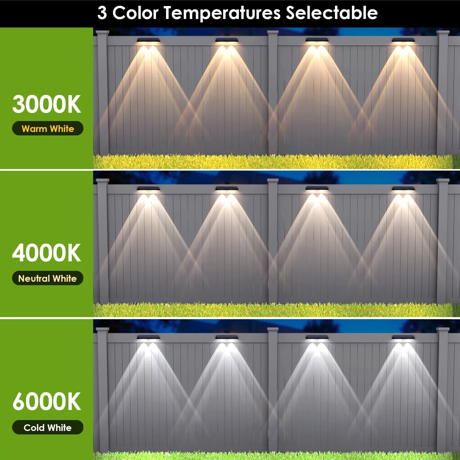 Solar Fence Lights Outdoor - 2700/4000/6000K 3 Mode, IP65 Waterproof Fence Solar Lights Outdoor, Solar Deck Lights for Outside, Backyard/Railing/Step/Patio/Deck Fence/Stair Railings and Wall (8 pack)