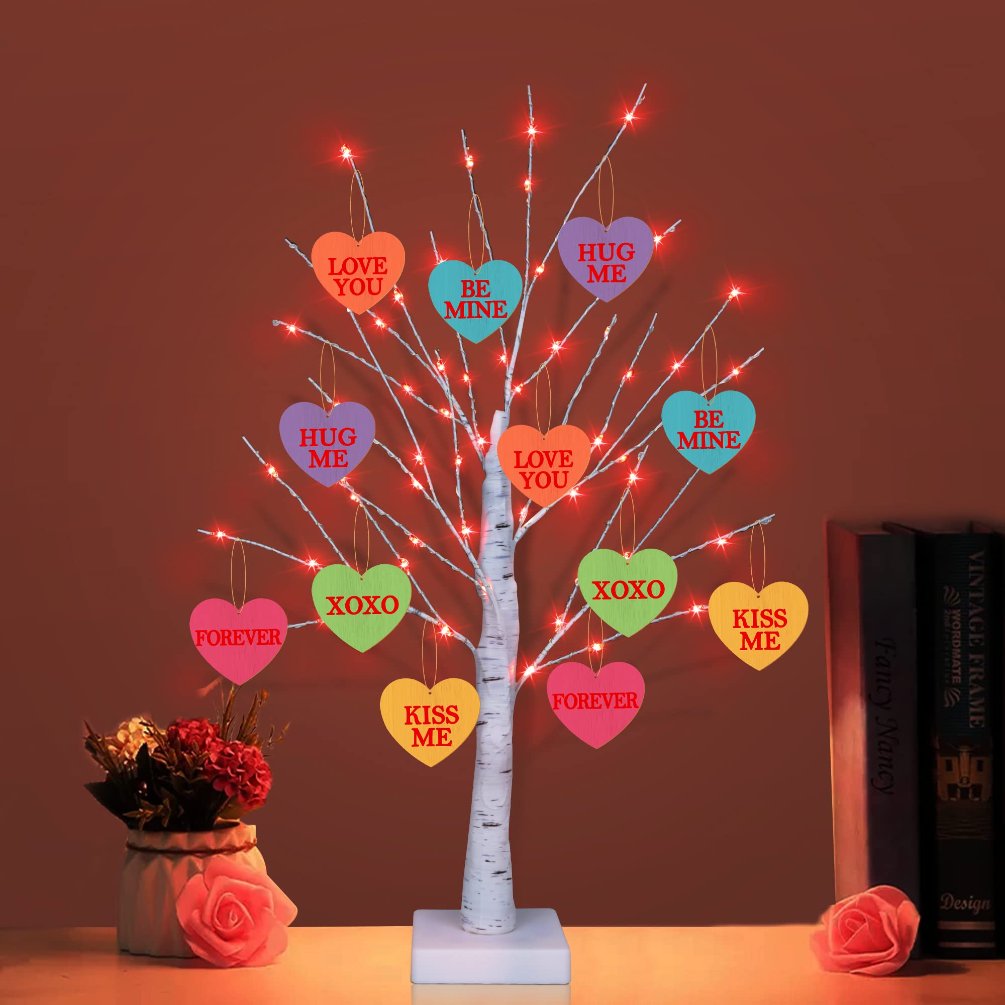 [Timer] Valentines Day Decoration 24 Inch Valentines Decor Tree Light with 12 Heart Ornaments, USB/Battery Operated Valentines Day Decor Lighted Tree, Valentines Day Decorations for Home Table Bedroom