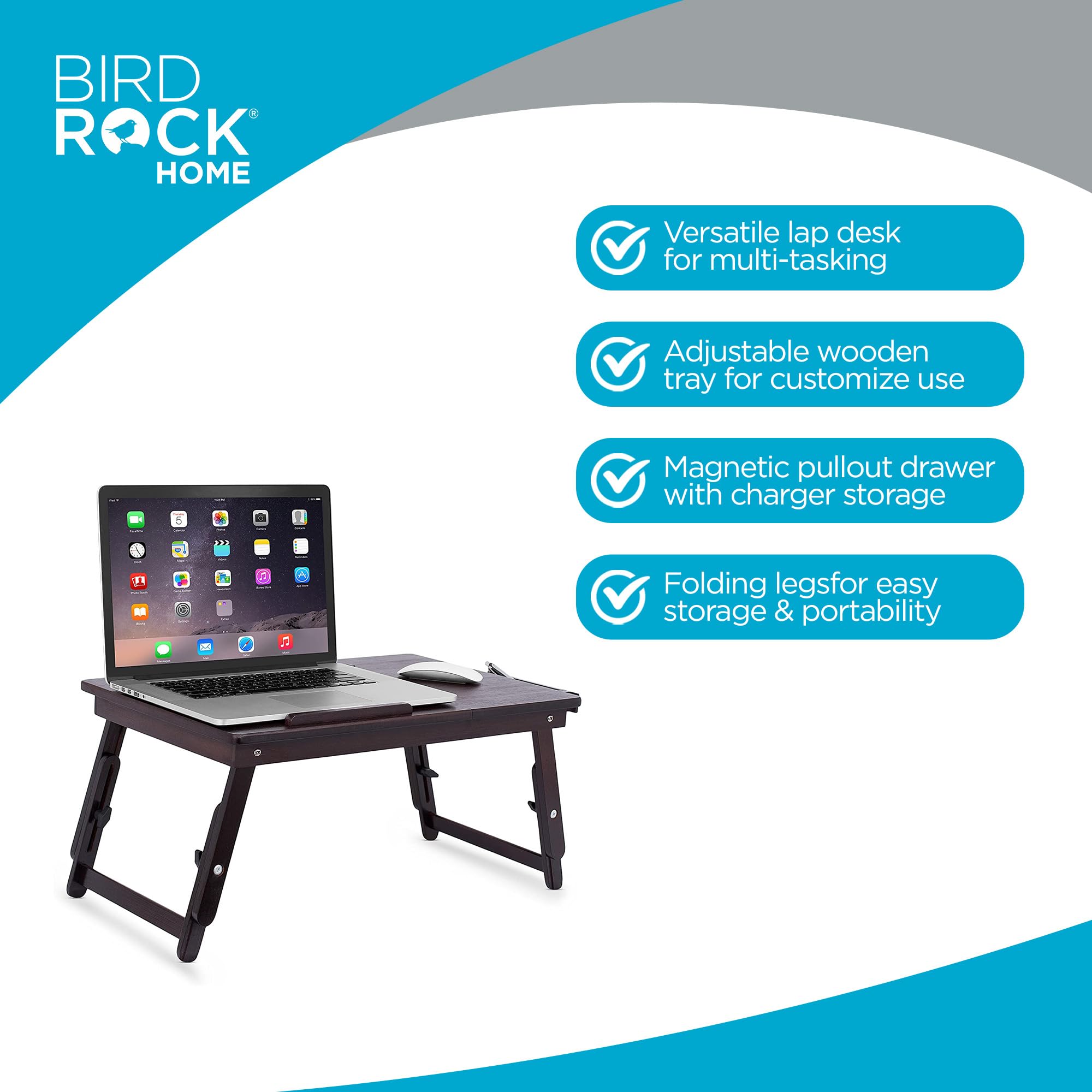 Sofia + Sam Multi Tasking & Ventilated Lap Desk | Folding & Standing Adjustable Wooden Laptop Bed Tray - Table w/Legs | Magnetic Pullout Drawer & Charger Storage | Fits Laptops Up to 15" | Walnut