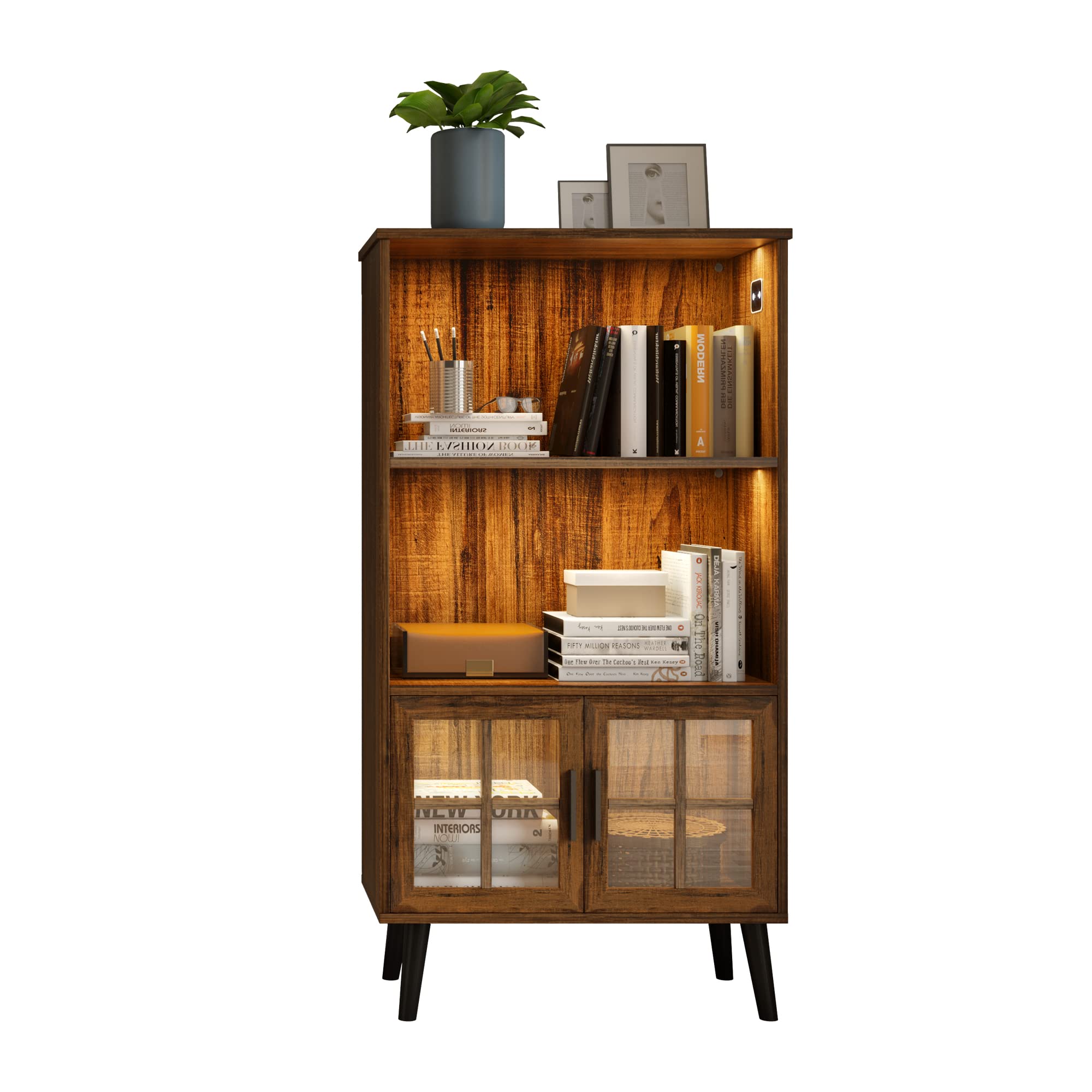 LVSOMT 3 Shelf Bookcase with LED Lights,Book Case with 2 Open Shelves, Storage Cabinet with Door, Human Body Induction Mode, Modern Wood Bookshelf for Bedroom/Living Room/Office, Brown
