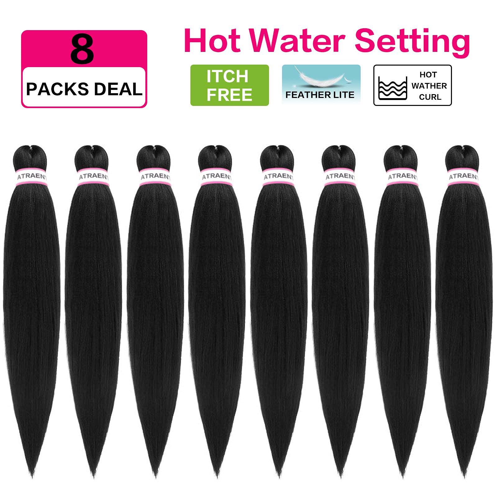 ATRAENTE Braiding Hair,18 Inch 8 Packs Long Pre Stretched Braiding Hair,Professional Synthetic Prestretched Crochet Braids Hair Extension,Itch Free Hot Water Setting Yaki Texture(18" 1B#)