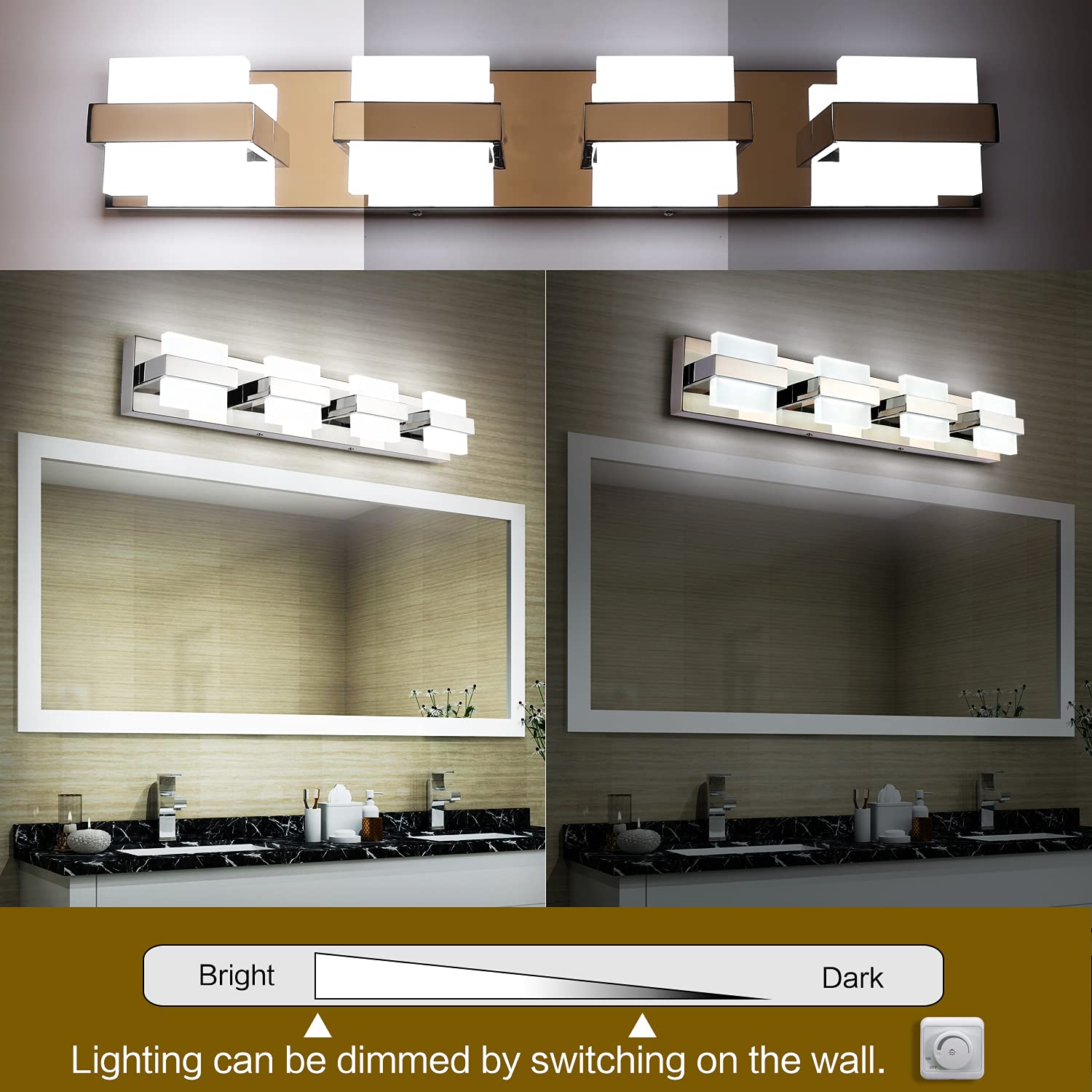 SOLFART 4 Lights Chrome Bathroom Light Fixtures Modern LED Bathroom Light Vanity Lights Over Mirror 27 inch White Light Dimmable