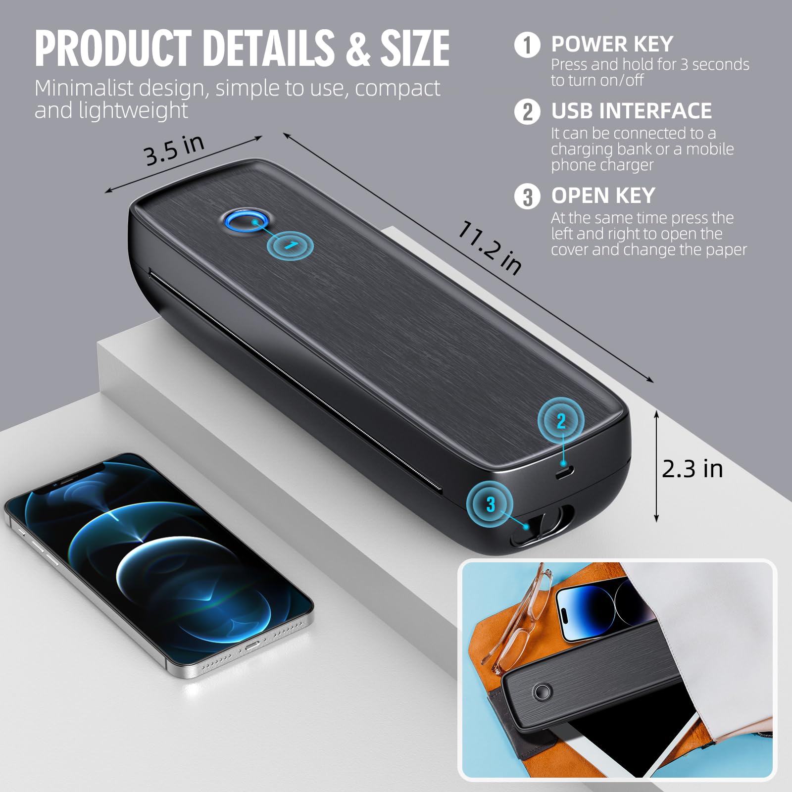 Aixiqee Portable Wireless Mini Thermal Bluetooth Printer for Travel, Supports 8.5" X 11" US Letter & Legal, A4 & A5 Thermal Paper, Compatible with Android & iOS Phone & Laptop
