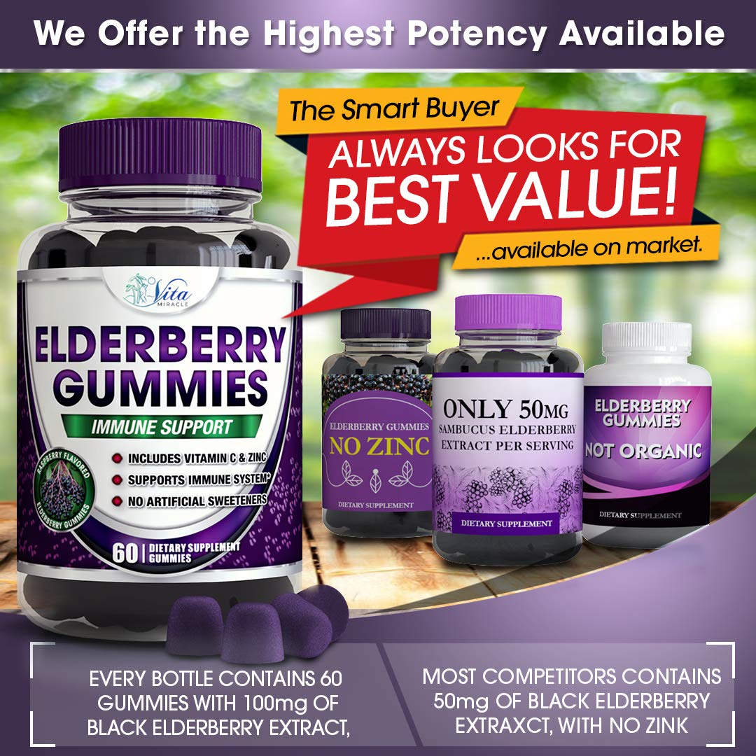 Sambucus Elderberry Gummies for Adults & Kids with Vitamin C and Zinc High Potency Daily Immune Support Gummy Gluten Free Vegan Non-GMO All Natural 60 Count