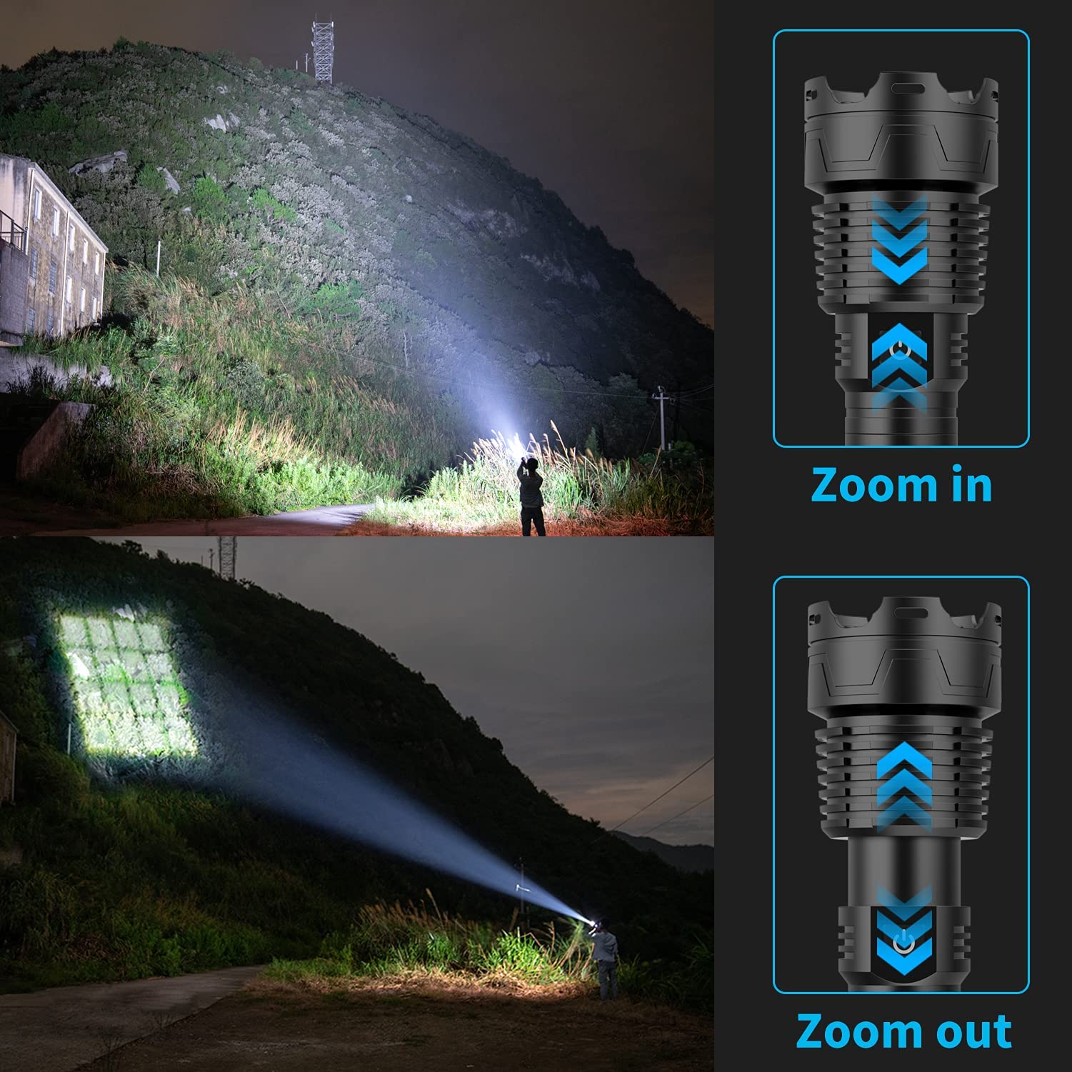 Alifa Rechargeable Flashlights 1500000High Lumens, LED Powerful Super Bright Flashlight, 5 Mode Zoomable Tactical Flashlights Waterproof, Output Funtion & 24H Long Life for Emergencies Camping.