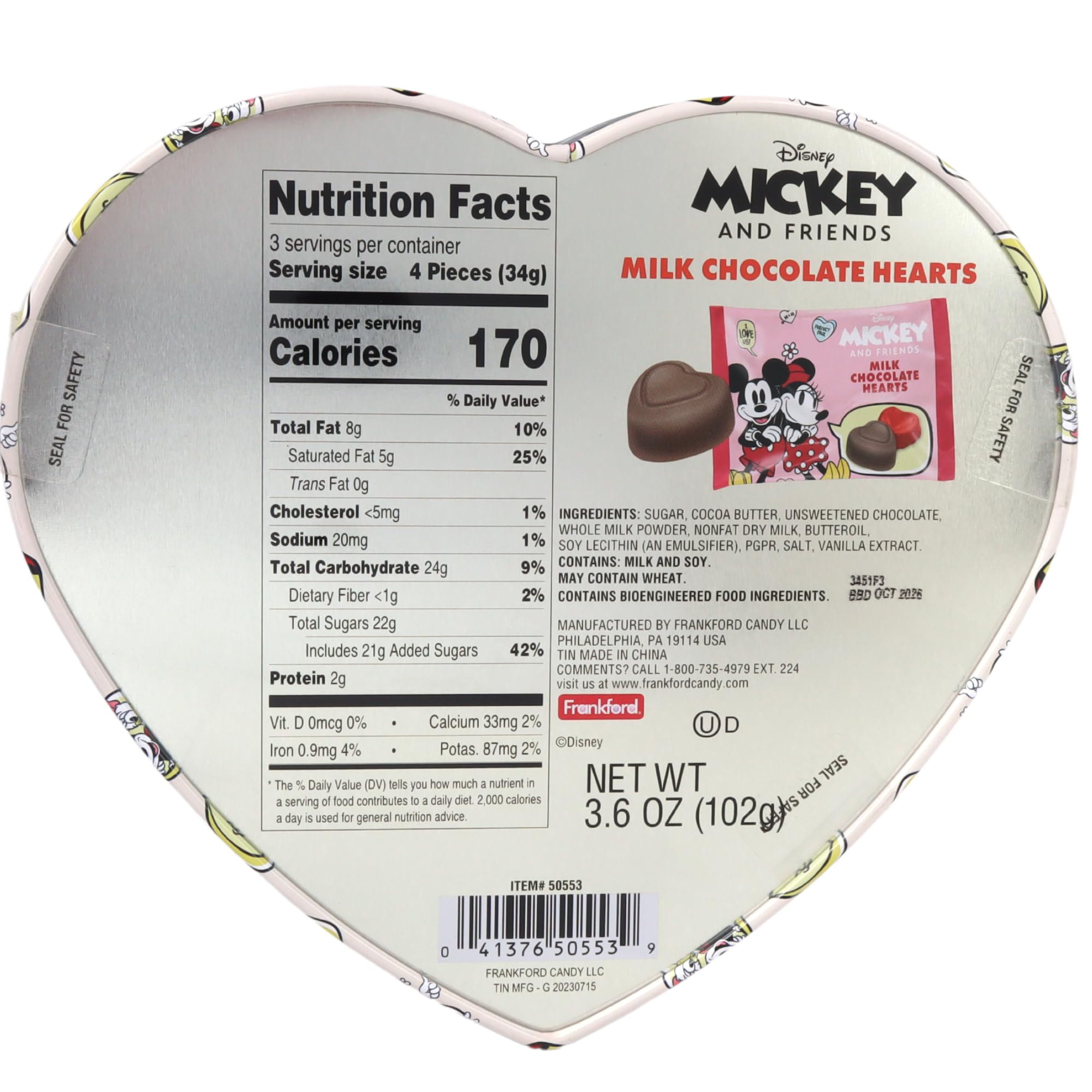 Mickey and Minnie Mouse Valentine's Day Be Mine Heart Tin with Milk Chocolate Candy, 3.6 Ounce