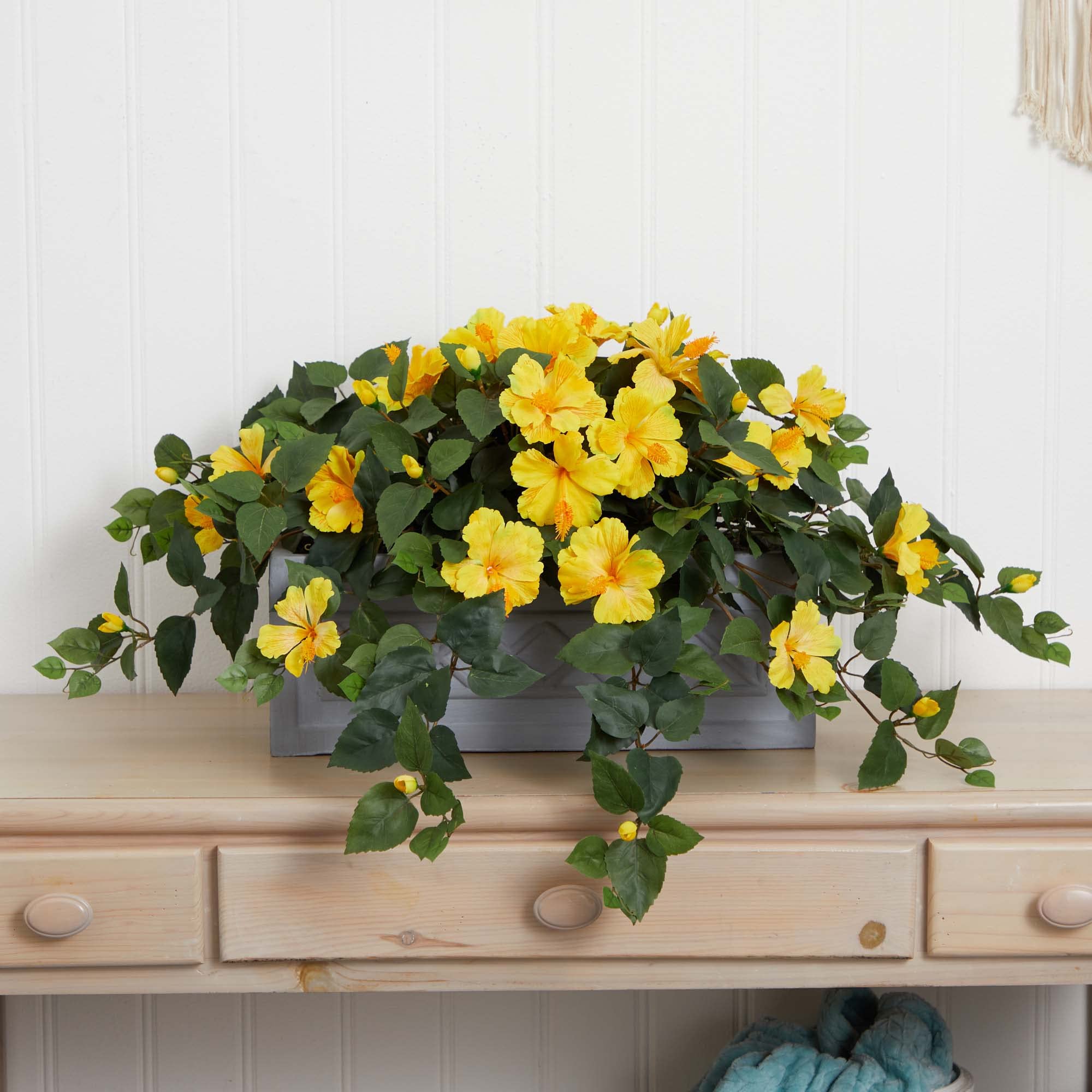 Nearly Natural Hibiscus Stone Planter Artificial Plant, Yellow