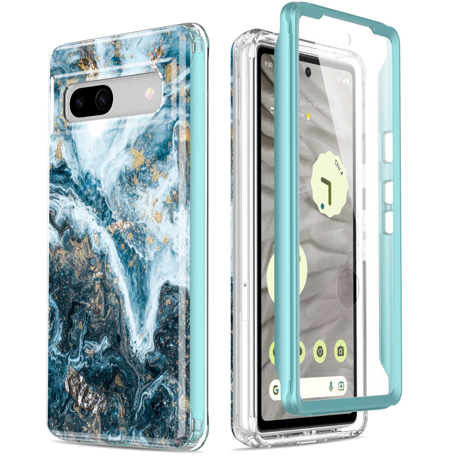 Esdot for Google Pixel 7A Case with Built-in Screen Protector,Military Grade Rugged Cover with Fashion Cute Designs for Women Girls,Protective Phone Case for New Pixel 7A Opal Marble Teal