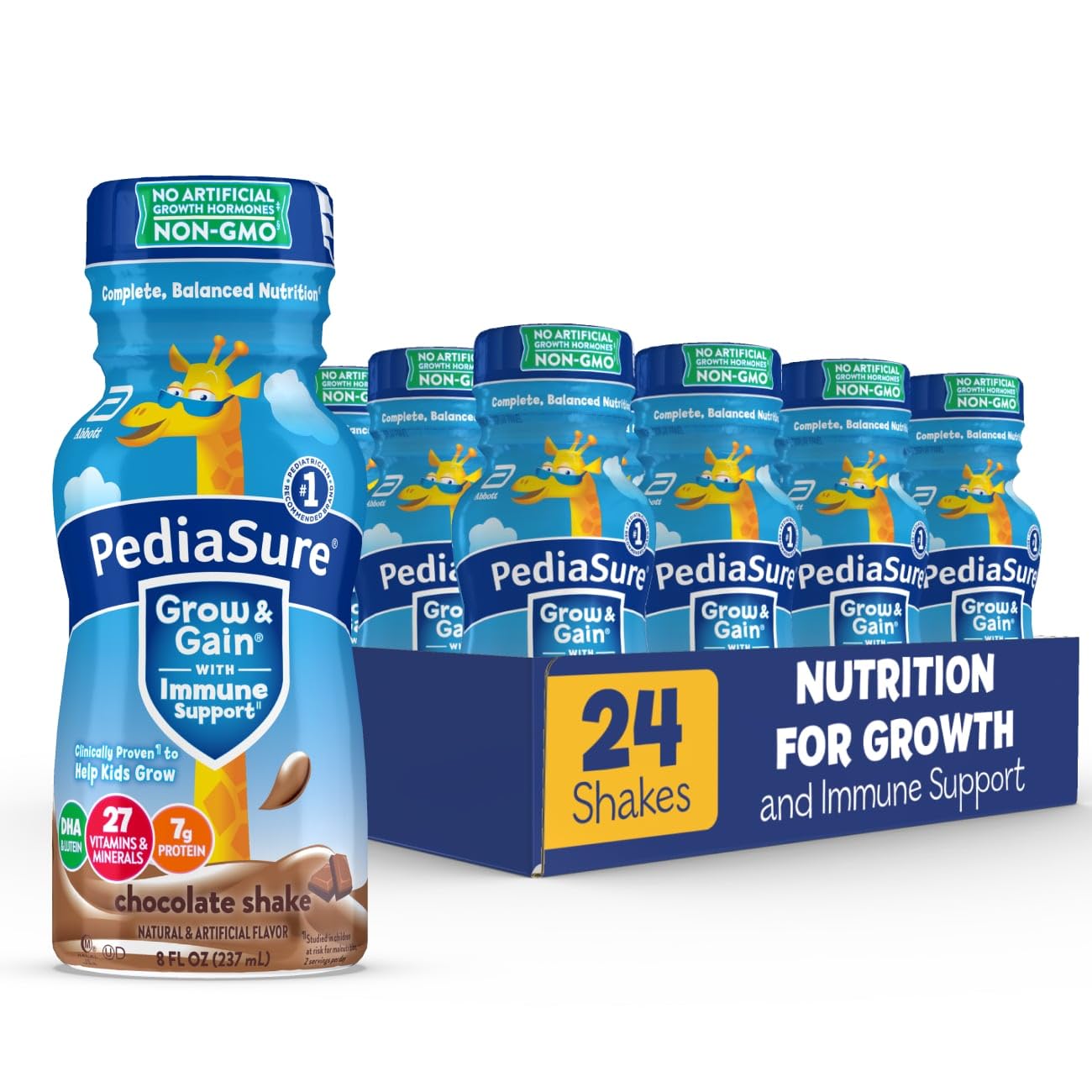 PediaSure Grow & Gain With Immune Support, Kids Protein Shake, 27 Minerals & Vitamins for Kids, 7g Protein, Helps Kids Catch Up On Growth, Non-GMO, Gluten-Free, Chocolate, 8-fl-oz Bottle, Pack of 24