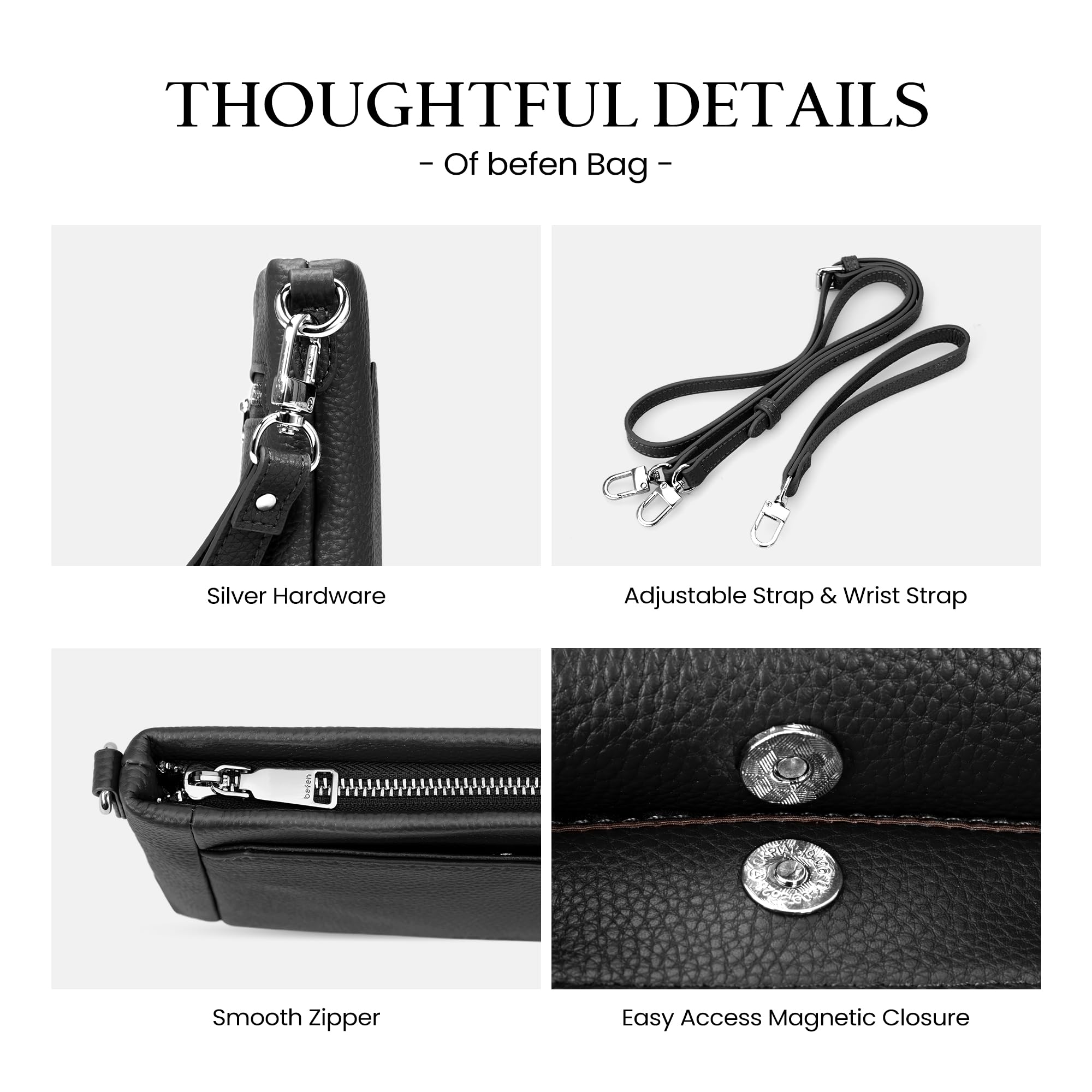 befen Genuine Leather Wristlet Wallets for Women Black Clutch Purse RFID Blocking Small Crossbody Bags Soft Real Leather Purse Trendy Wrist Wallet Travel Women Shoulder Handbag with 2 Removable Straps