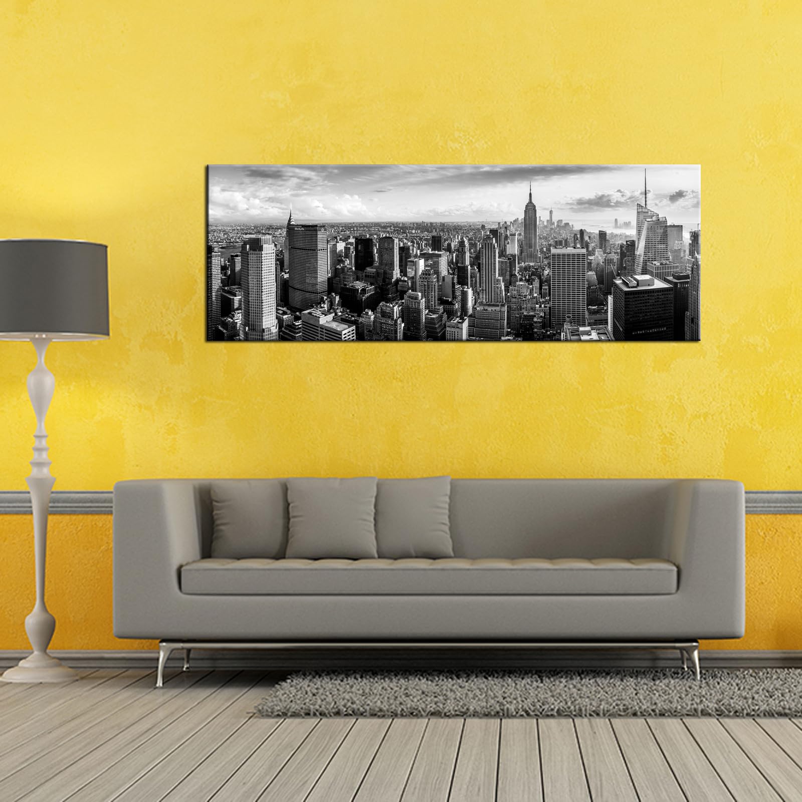 LevvArts New York Canvas Wall Art Black and White City Skyline Picture Panoramic Photo Canvas Print Modern Home Office Living Room Wall Decoration Ready to Hang 20"x55"