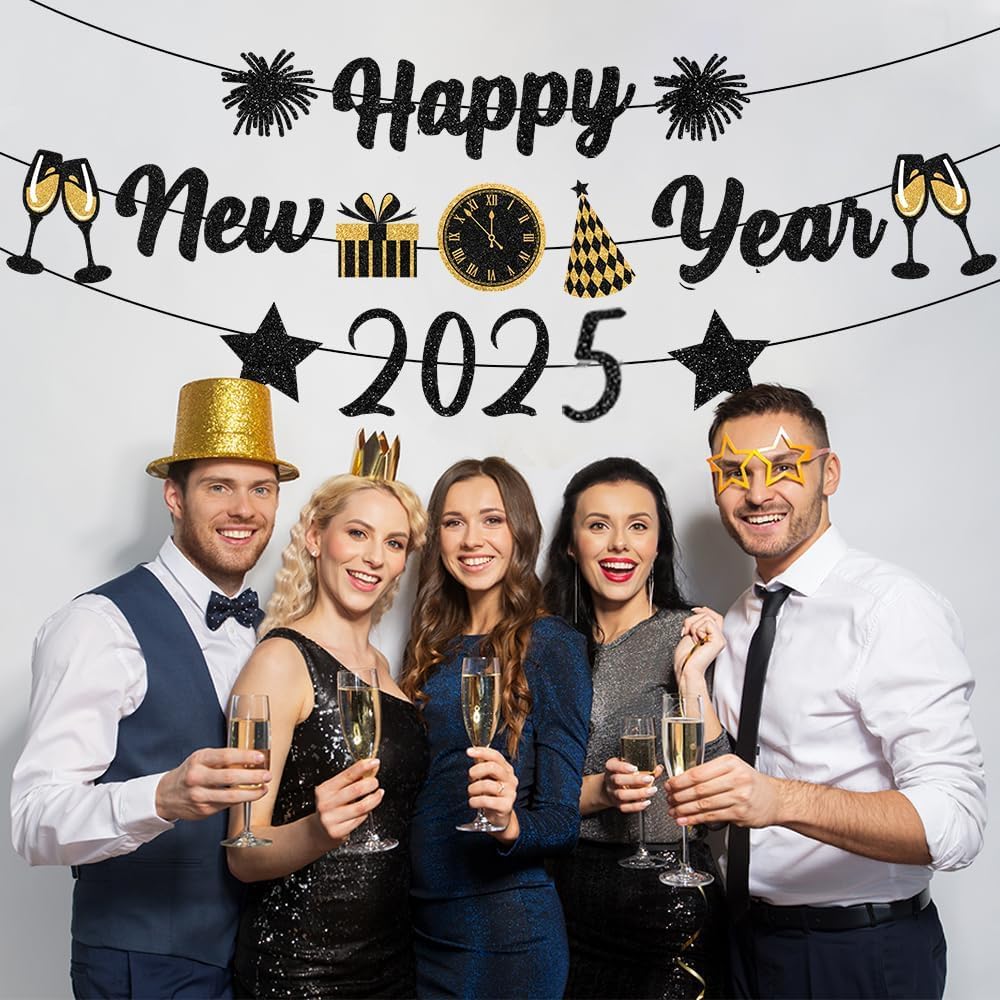 IMISHM Black Gold New Years Decorations 2025 Glitter Happy New Year Banner New Years Eve Party Supplies New Years Eve Decorations Happy New Year Sign For New Year Party Decorations