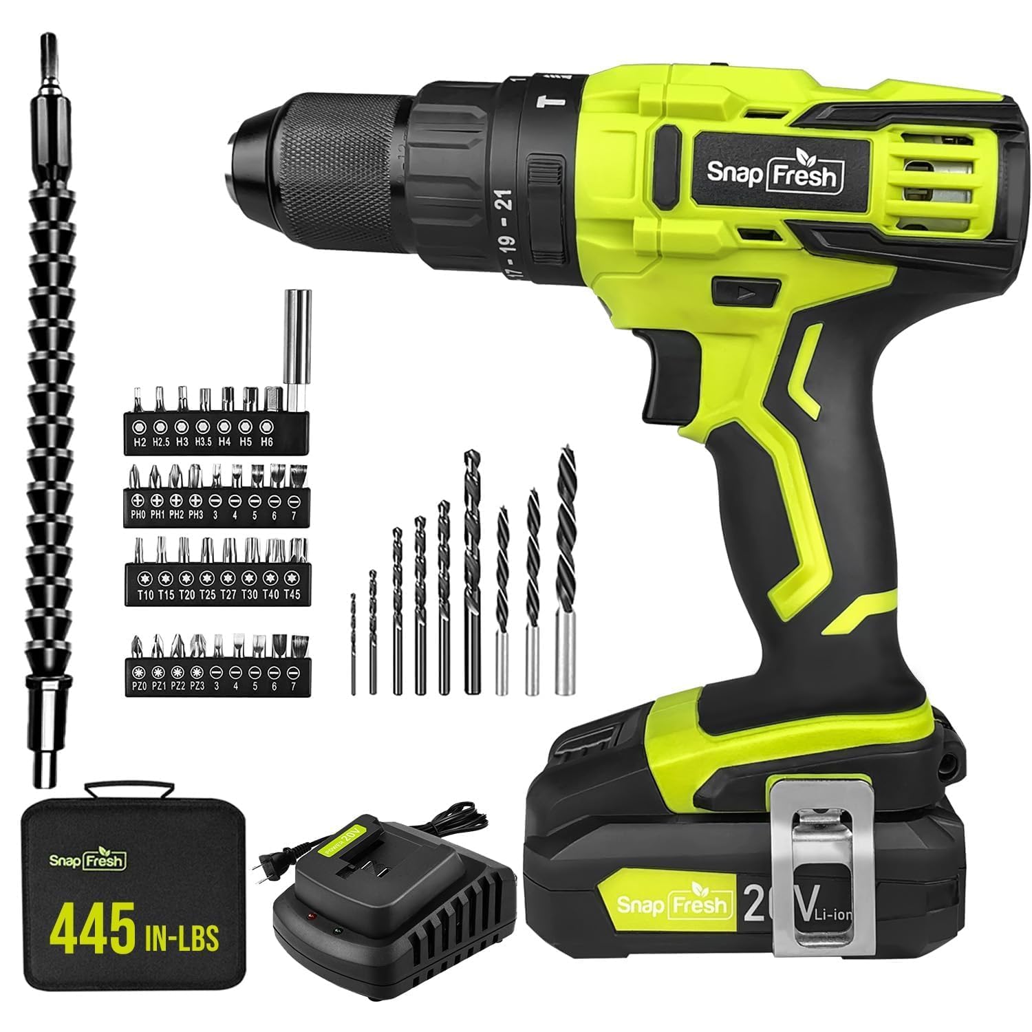 SnapFresh 20V Cordless Impact Drill-1/2" Power Drill/Driver Set,445in-lbs Torque Max,2 Variable Speeds, 43Pcs Bits w/case,2.0Ah Battery & Fast Charger Included, Power Tools
