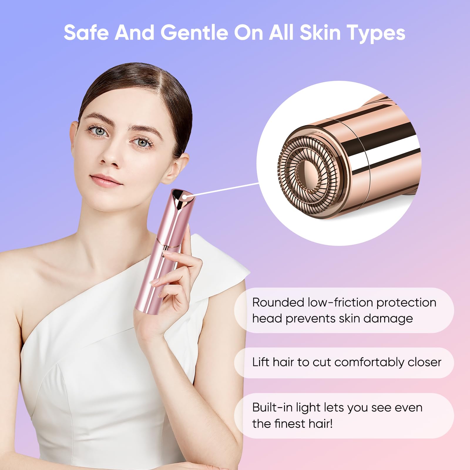 Facial Hair Removal for Women Painless Hair Remover, Waterproof Shaver Razor Hair Remover with LED Light for Face Bikini Peach Fuzz Upper Mustache Lip Chin (Rose Gold)