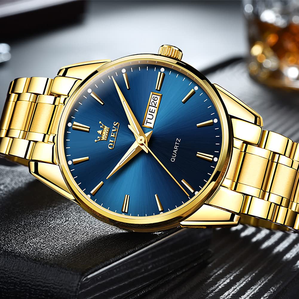 OLEVS Gold Steel Watches for Men,Day Date Watches Men Gold,Mens Watch Blue Dial,Gold Watch Men with Day,Mens Watch,Dress Waterproof Men Watches,Luminous Men Watch,Classic Watch for Men