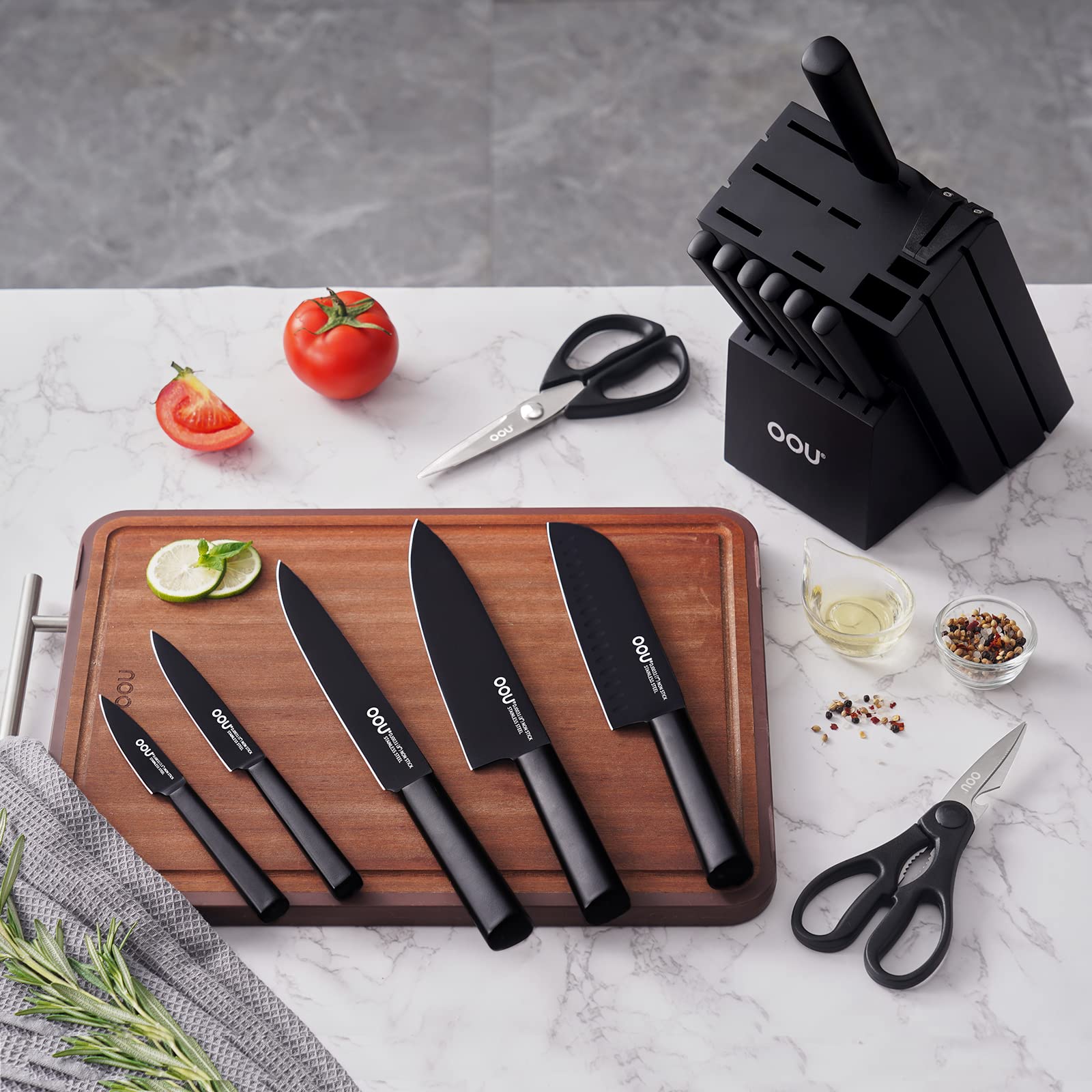 OOU Kitchen Knife Block Set - 15 Pieces High Carbon Stainless Steel Chef Knife Sets, Anti-Rust Black Knives Set with Built-in Sharpener Block, Black