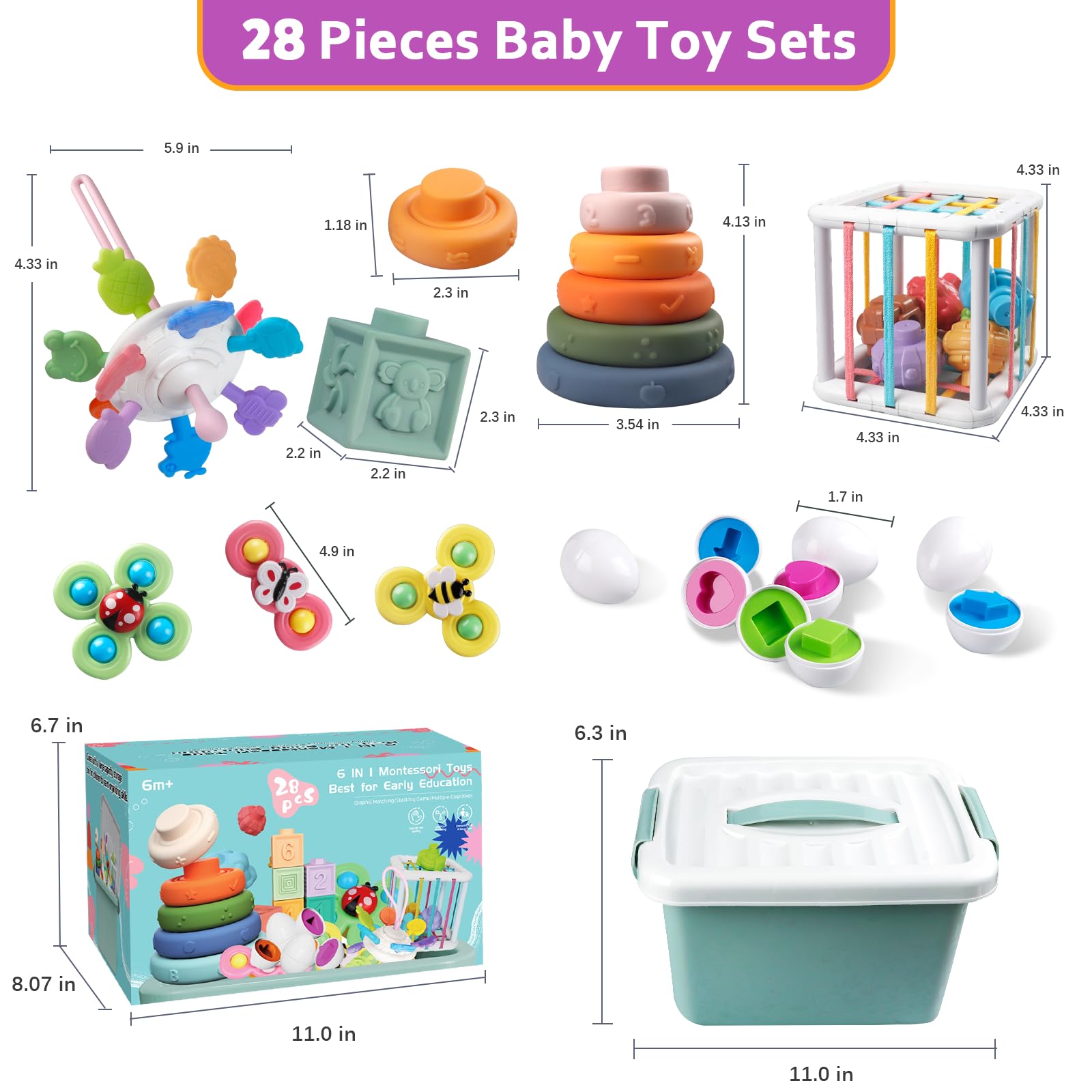 Baby Toys for 6 to 12 Months, Montessori Sensory Bins Toys for Toddlers 1-3, Pull String Teether Infants Bath Toys 6 in 1 Stacking Blocks Rings, Matching Eggs, Suction Cup Spinner Toy