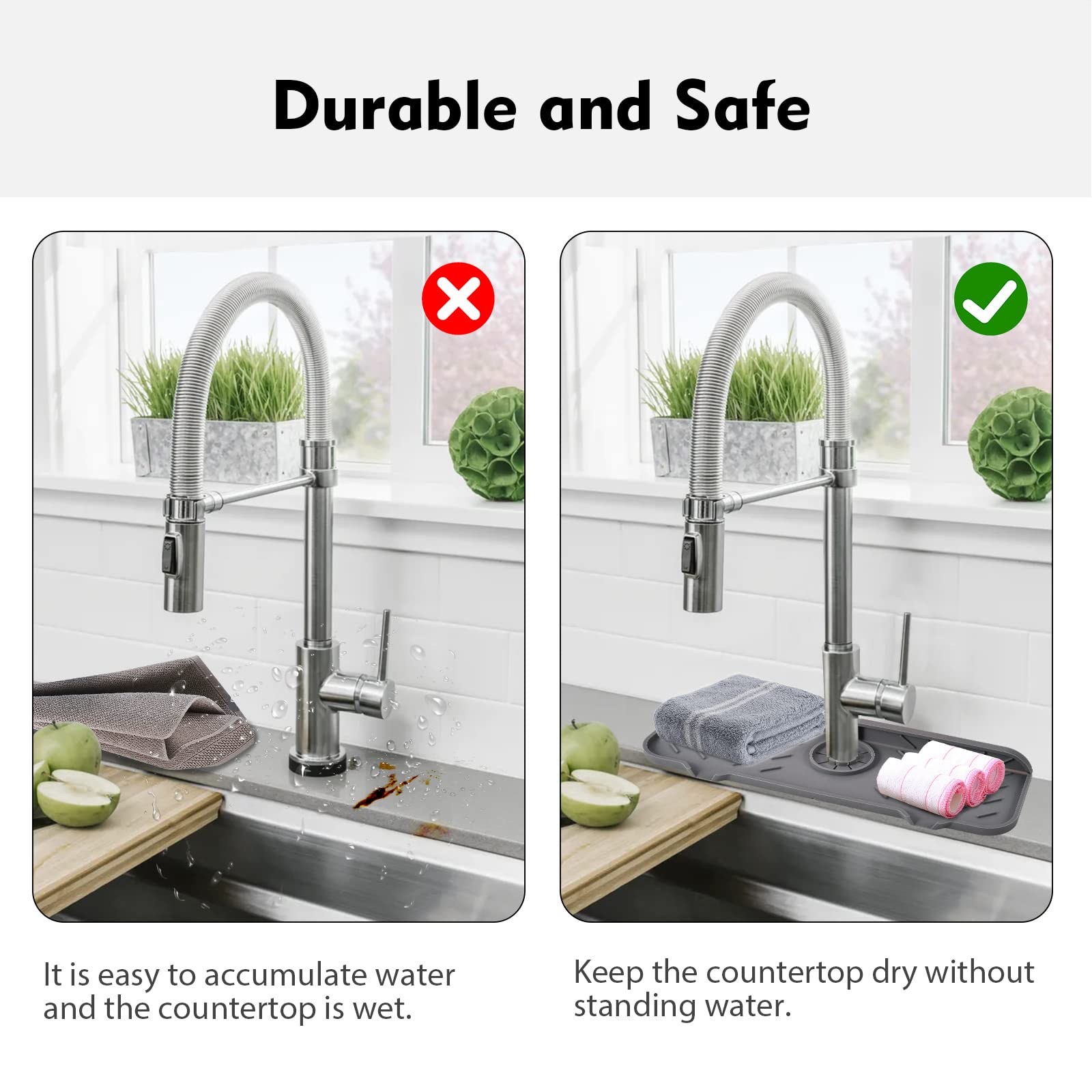 Kitchen Sink Splash Guard15.4"*5.5", Upgraded Faucet Splash Guard with Steep-Slope Drainage and Anti-Slip Silicone Mat, For Kitchen, Bathroom, Farmhouse Faucet Handle Drip Catcher Tray