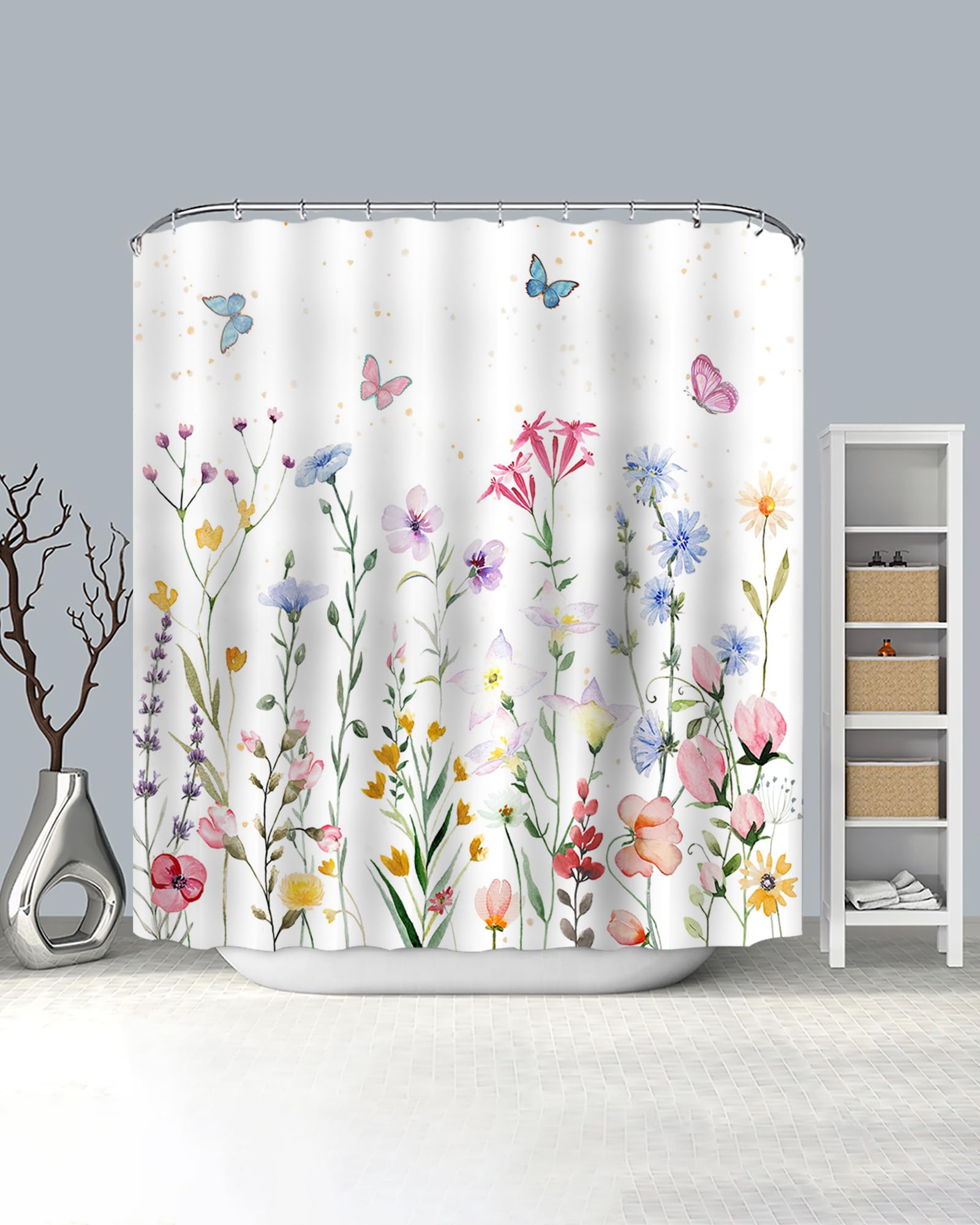Lindameler Floral Butterfly Shower Curtain Set Colorful Flower Shower Curtain for Bathroom Waterproof Spring Fabric Shower Curtain with 12 Hooks 72x72 Inches
