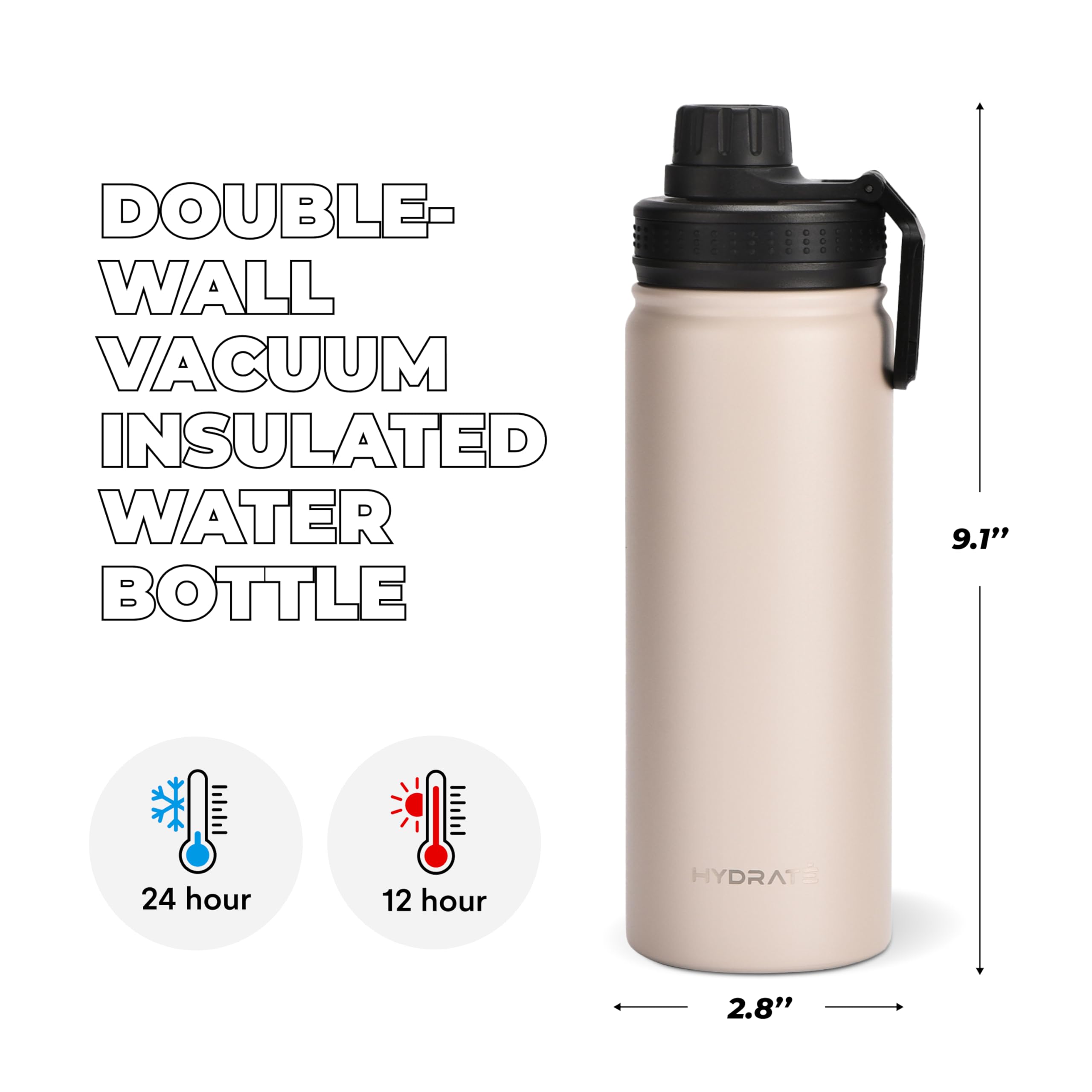 HYDRATE Bottles 17oz Stainless Steel Water Bottles - Leak Proof Water Bottles - Hot and Cold Water Bottle - Insulated Bottle - Leakproof Water Bottles - Reusable Thermal Bottles - Matte Taupe