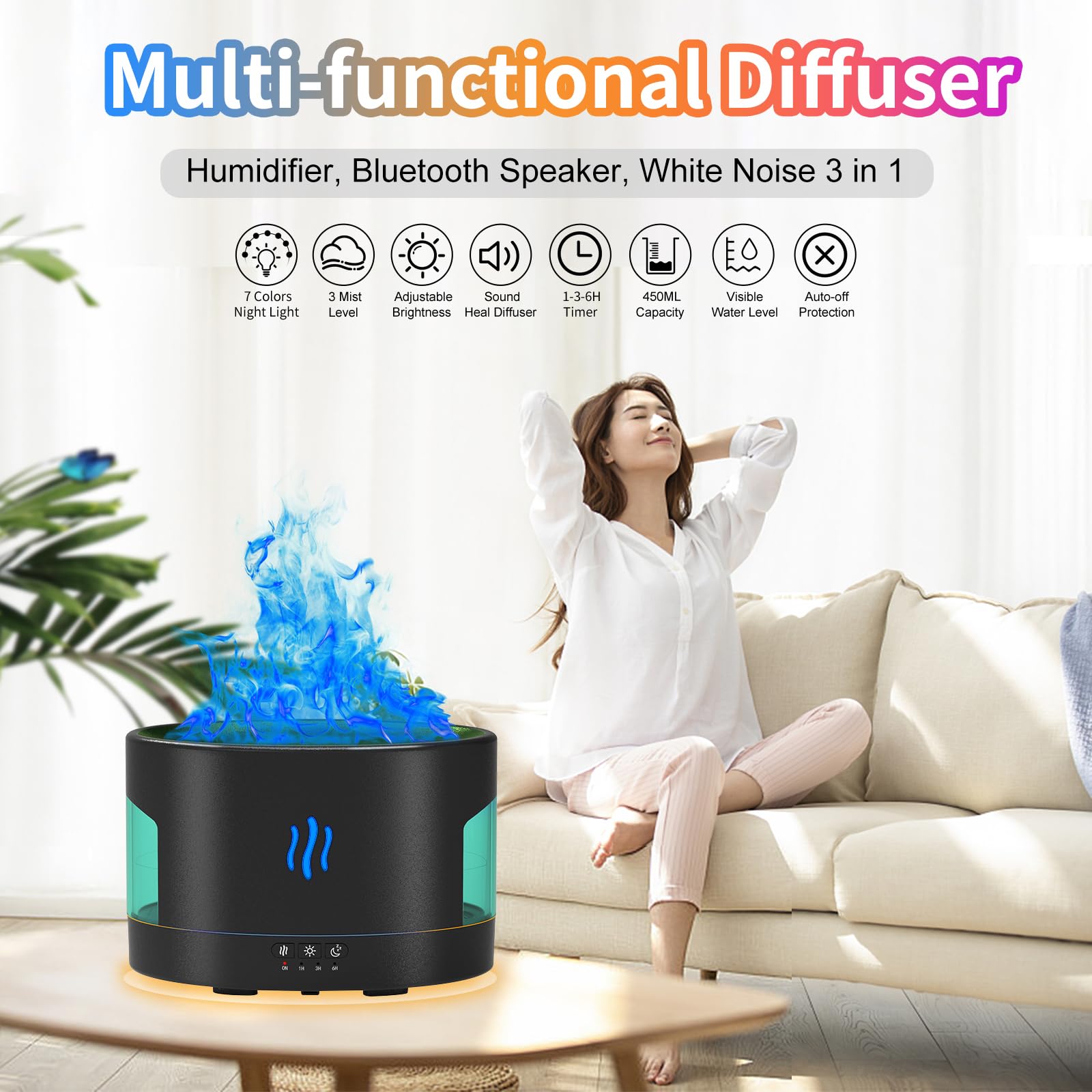 POSVIU Oil Diffusers for Home Large Room, 450ml Air Humidifier with Bluetooth Speaker, White Noise and Remote, Flame Humidifier for Bedroom, Office, 7 Colors Diffuser Gifts
