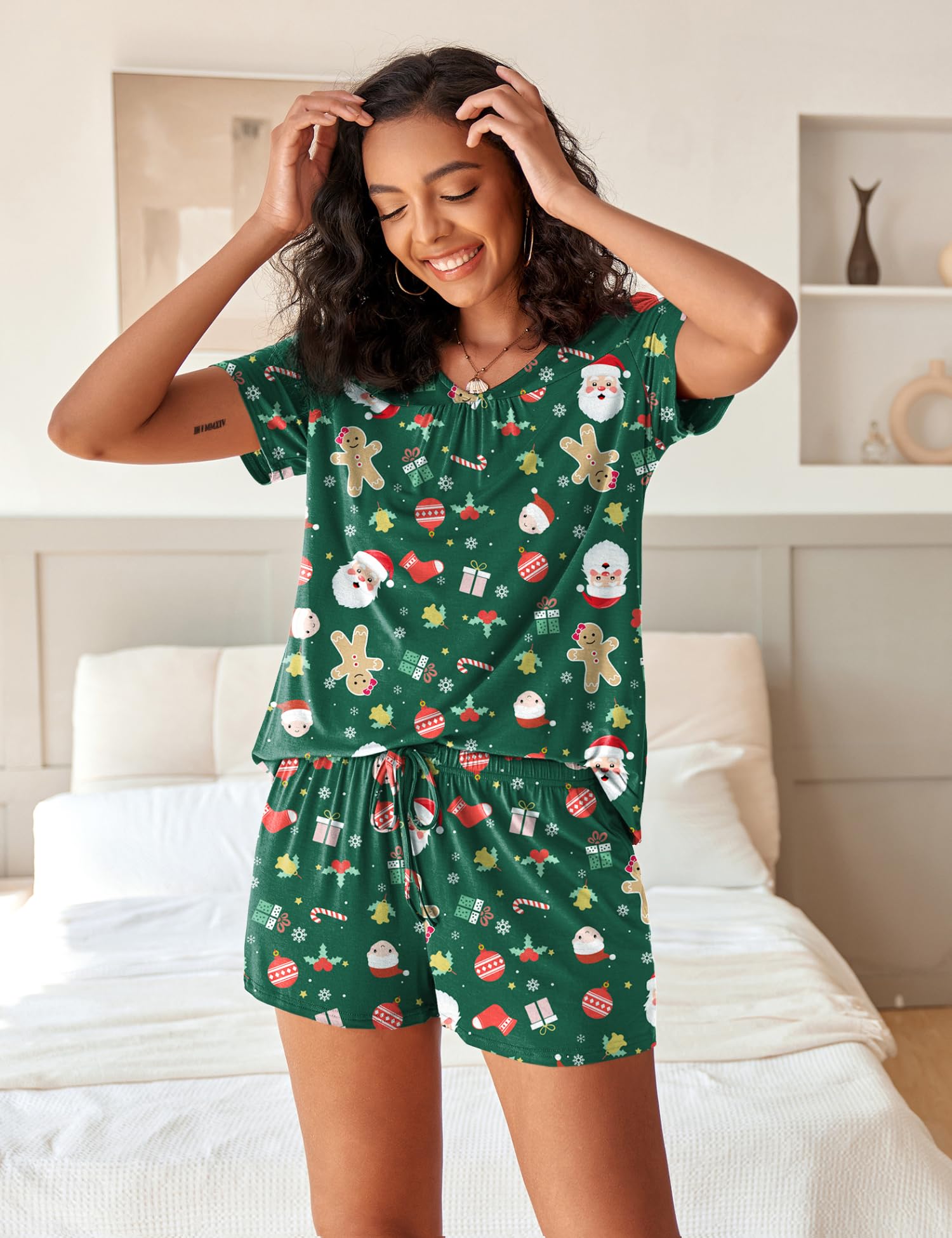 Avidlove Pajamas Set Womens Short Sleeve Loungewear Sleepwear 2 Piece PJ Sets Green Christmas M