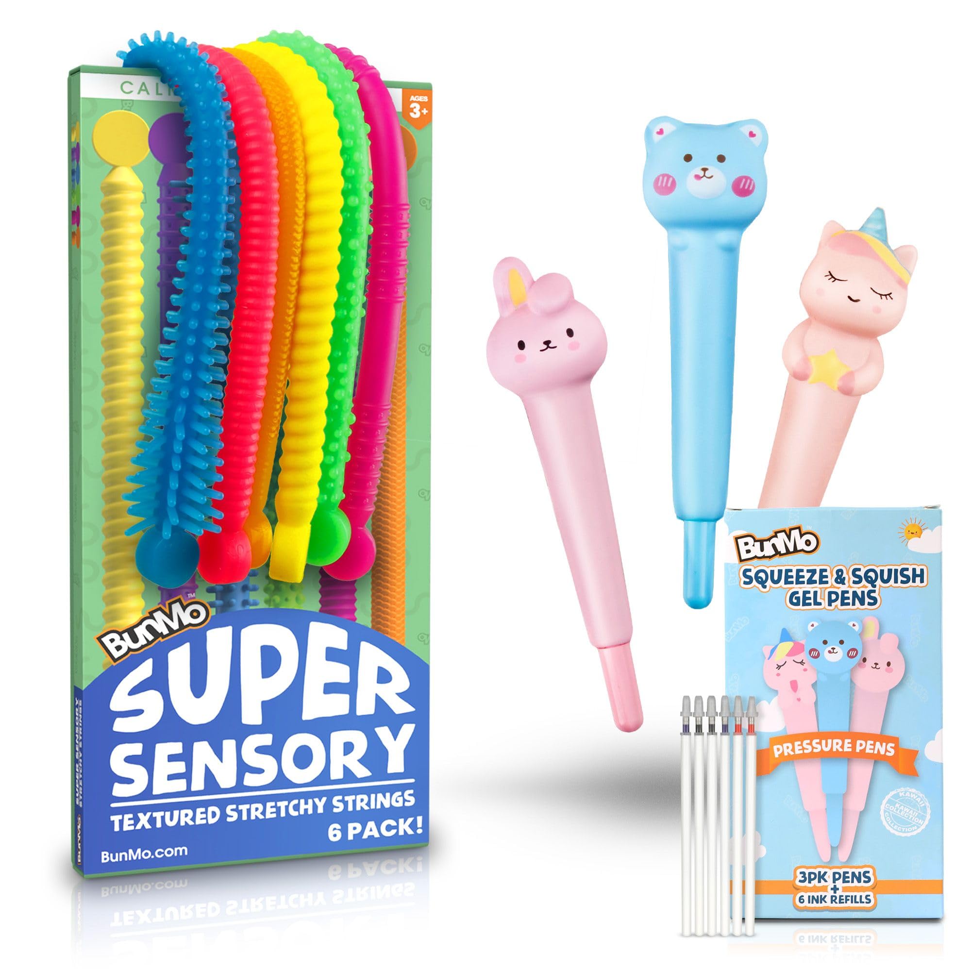 BUNMO Bundles Squishy Pens & Stretchy Strings - 3 pens 6 Refills - 6pk Super Sensory Monkey Stretch Noodles - Kids Stationary & Pens for Girls - Toys for Kids