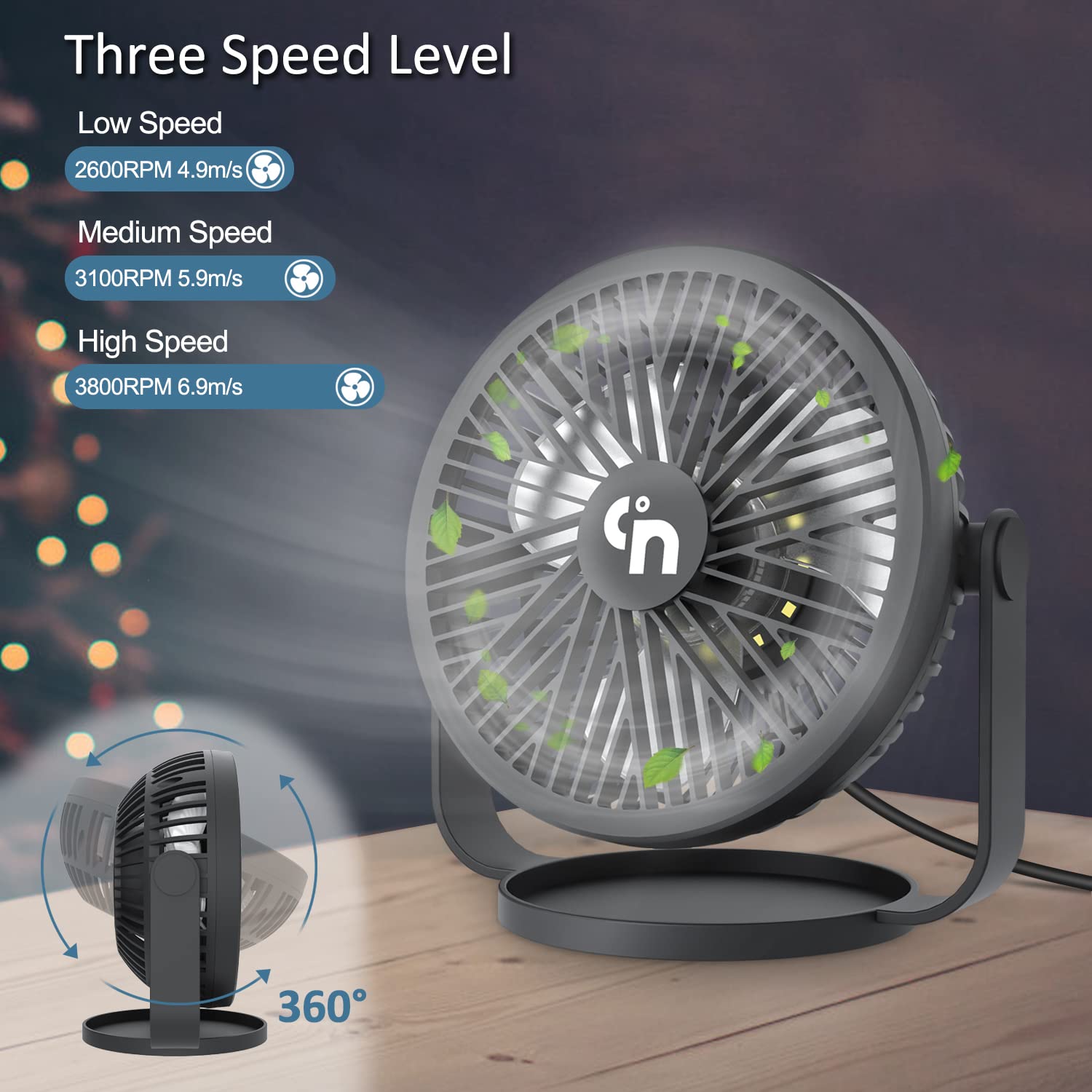 GagetElec USB Desk Fan with LED Night Lights,3 Speeds Desktop Cooling Mini Fan,360°Rotation Strong Wind USB Table Fan,Small Personal Travel Fan for Home Office Desktop Office Table 5.3 Inch (T5-02)