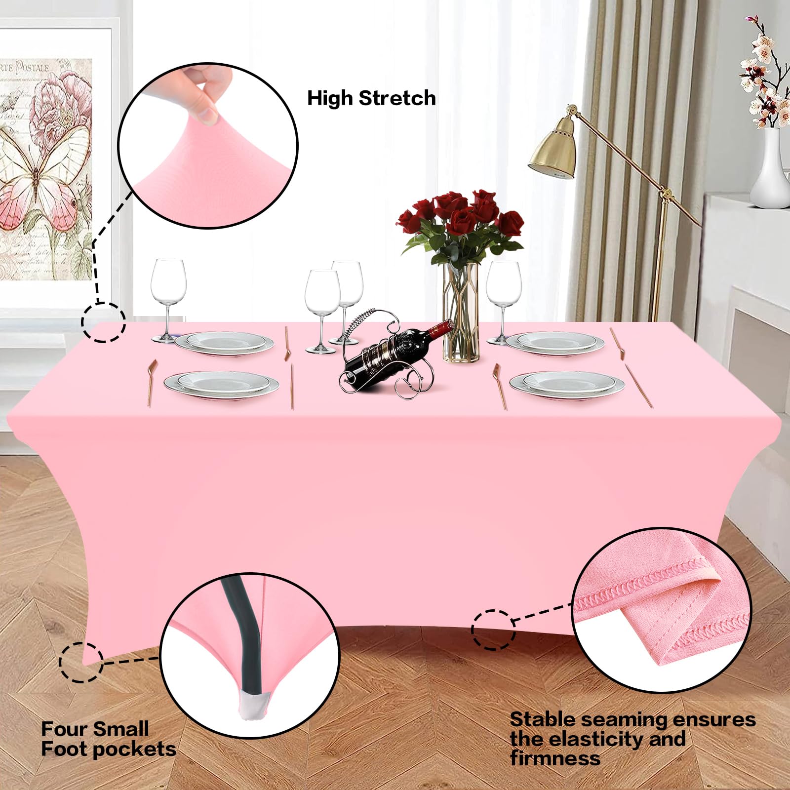 Hussome 4FT Table Cloth for Rectangle Table Light Pink Tablecloth Rectangular Fitted Stretch Spandex Table Covers 4 ft for Birthday, Cocktail, Wedding, Banquet Spring Summer Outdoor Party