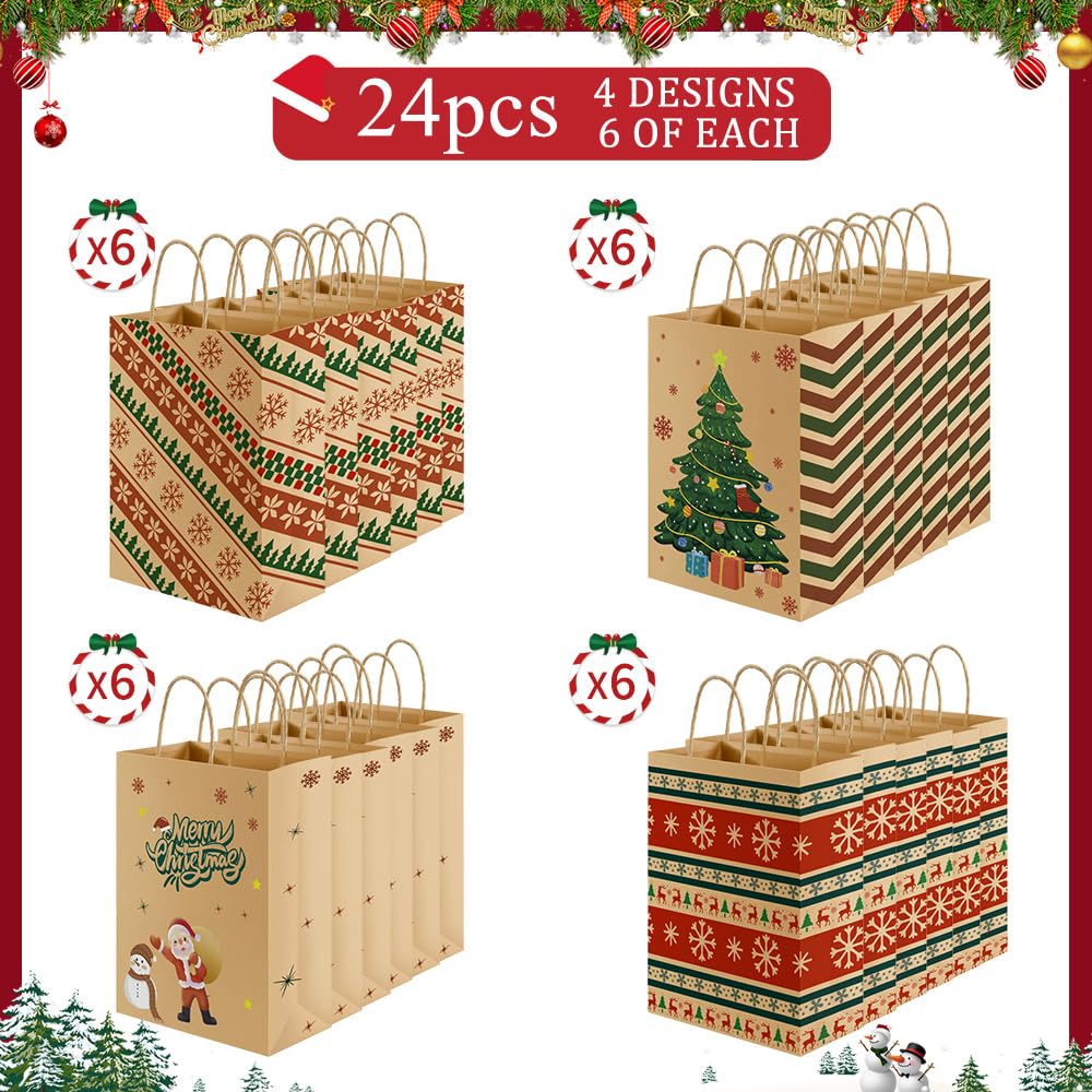 24 Pcs Christmas Gift Bags,Christmas Bags for Gifts,Holiday Xmas Gift Bags,Kraft Christmas Paper Bags Bulk,Small Gift Bags with Handles,Christmas Goody Bag,Christmas Party Favor Bags (5.9x3.14x8.26)