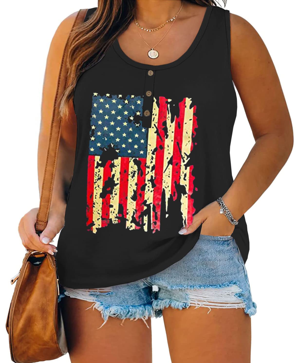 Plus Size Tank Tops for Women Summer Sleeveless American Flag Graphic Print T-Shirts Tops Casual Cotton Tees Shirts