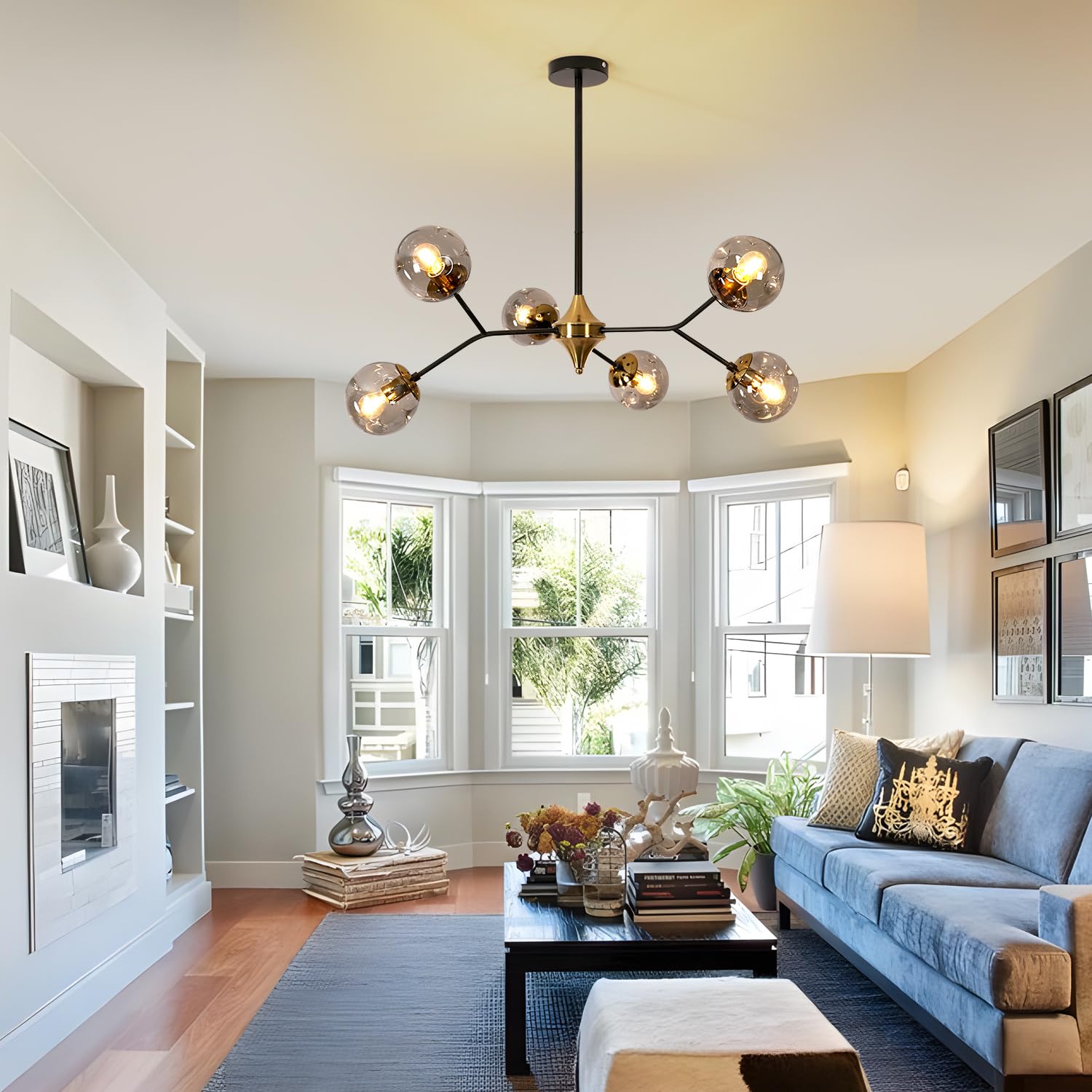 DELIPOP Glass Sputnik Chandelier, 6-Light Black and Gold with Smoke Gray Glass Lampshade Chandelier, E26 Mid Century Modern Pendant Light Fixture for Dining Room, Living Room, Kitchen