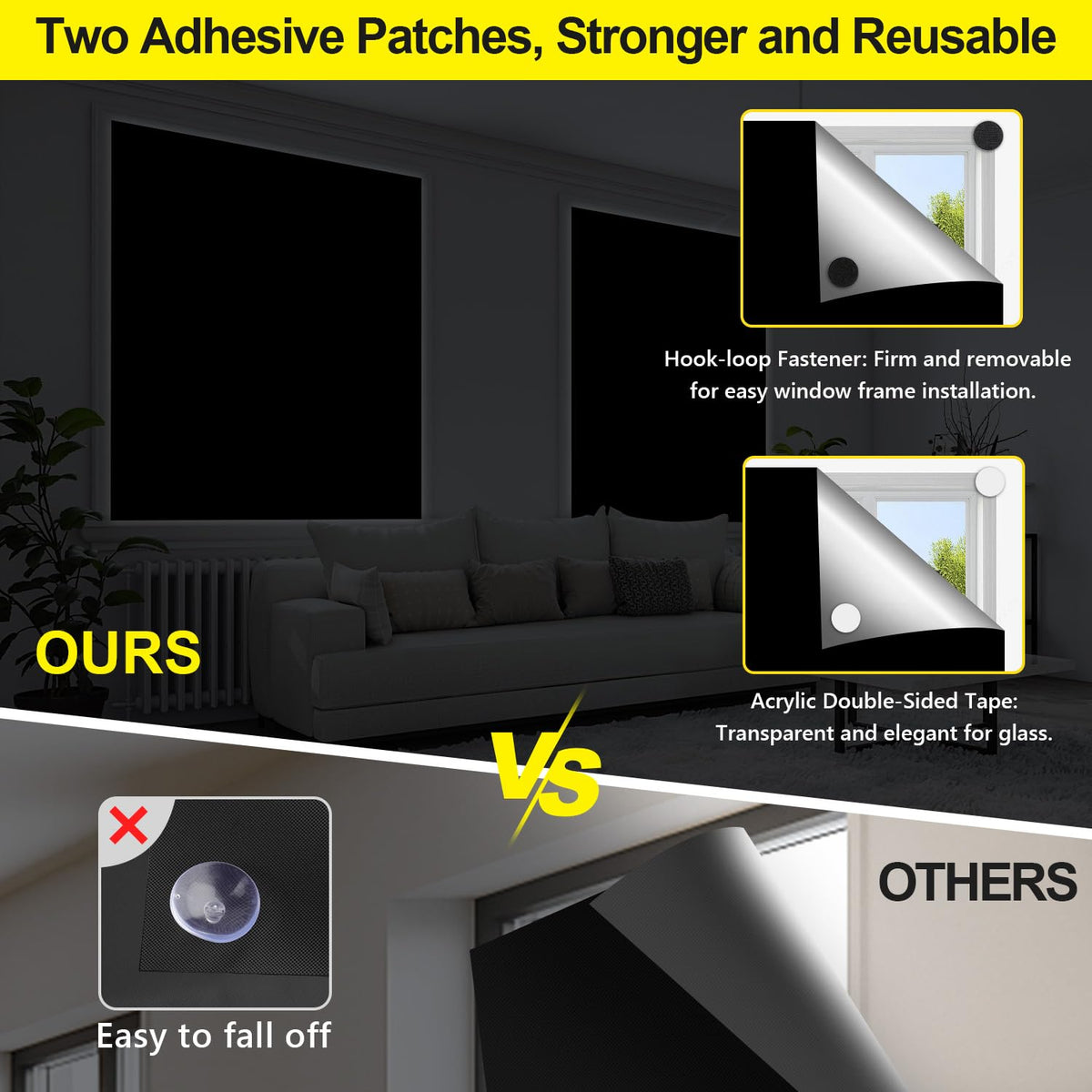 FADOTY 100% Blackout Blinds 118" x 57" Travel Blackout Window Shades Portable Blackout Window Cover for Nursery Bedroom Dorm Room, No Drill Window Privacy Film, Light & UV Block for House (2 Pack)