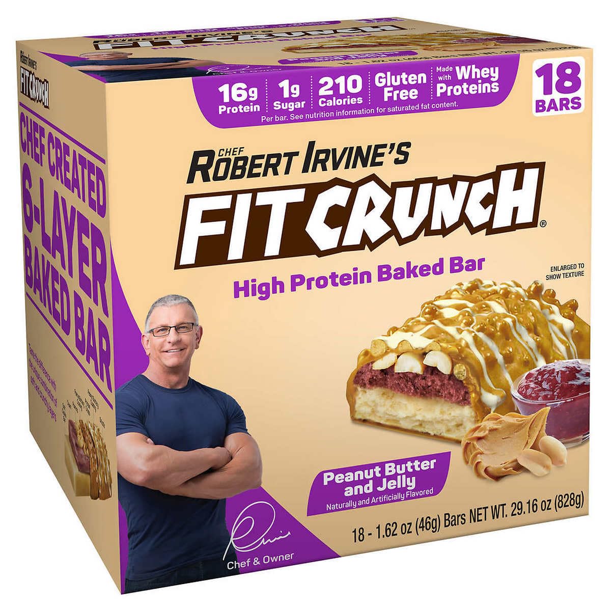 FITCRUNCH Snack Size Protein Bars, 6-Layer Baked Bar, 1g of Sugar, Gluten Free & Soft Cake Core (18 Bars, Peanut Butter and Jelly)