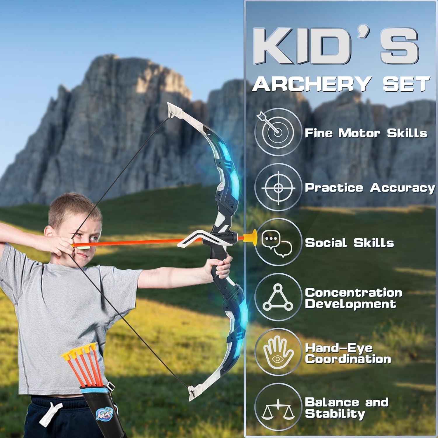 Bow and Arrow Set for Kids, 2-Pack LED Light Up Archery Set with 20 Suction Cup Arrows, Outdoor Toy for Boy Girl Age 4-8 8-12 with Standing Target&2 Quivers, Birthday Gift for Kid 5 6 7 8 9 Year Old