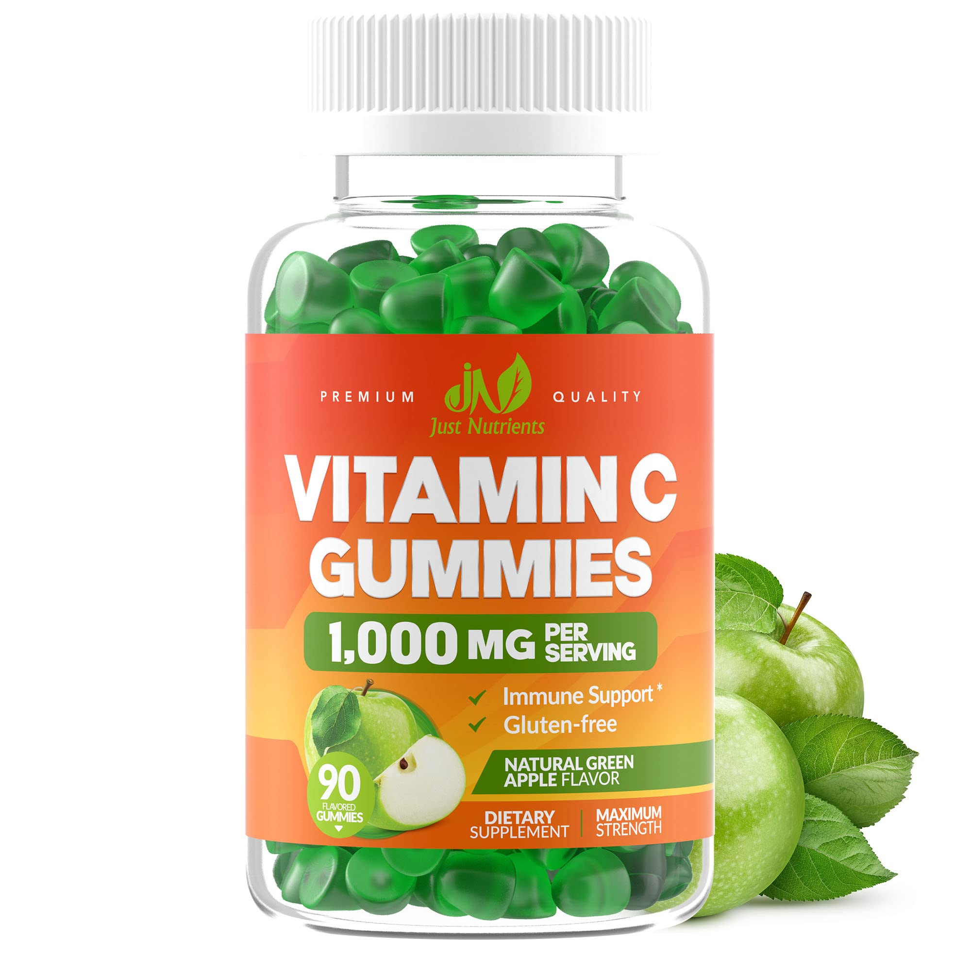 Vitamin C 1000mg Gummies for Adults & Kids - Maximum Strength Immune Support, Collagen Support for Skin - Sour Green Apple Flavor - Gluten Free, Non-GMO, 100% Vegetarian - 90 Gummies (30 Servings)