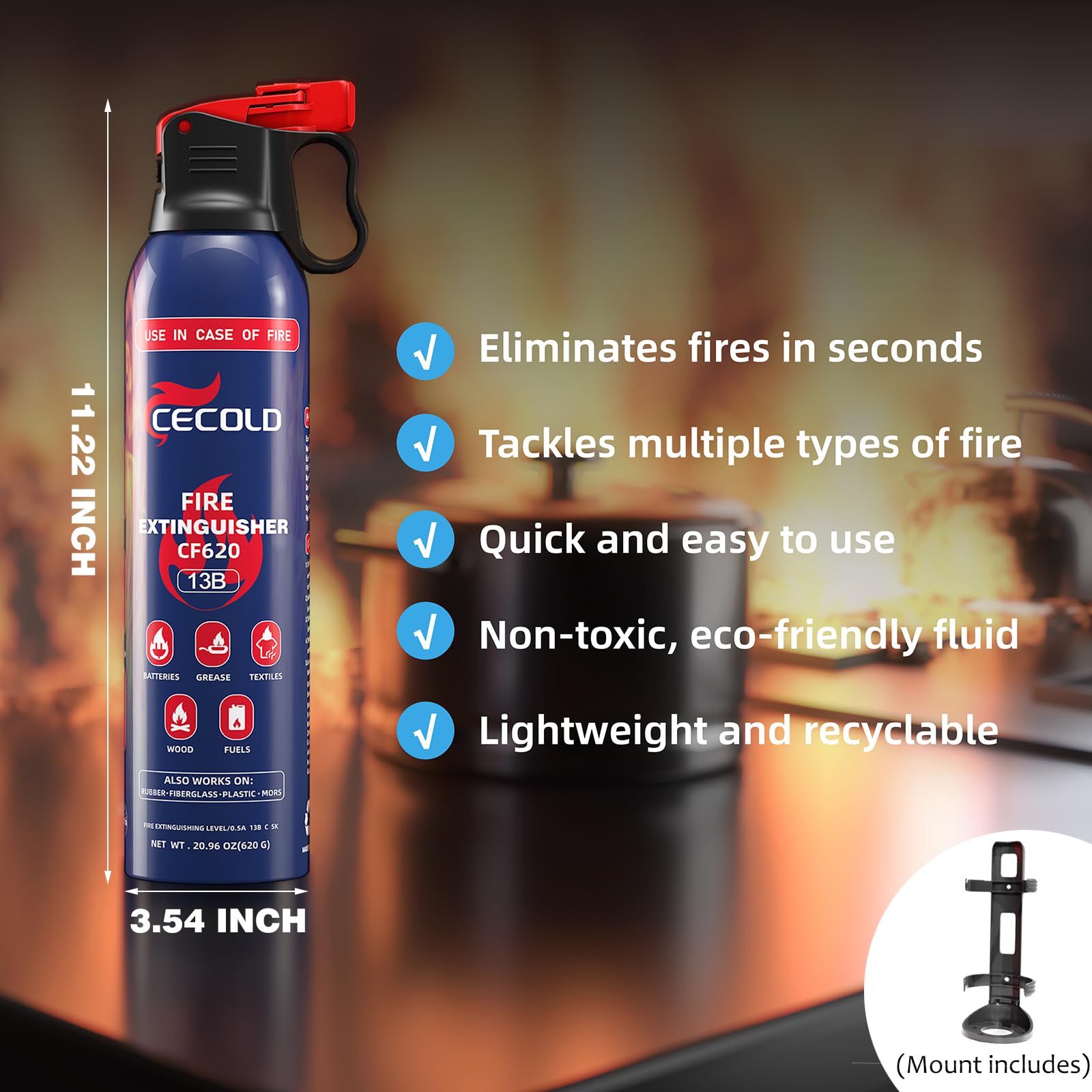 Fire Extinguisher for Home,Mini 5-in-1 Fire Spray With Mount,Water-Based Fire Extinguishers,Can Prevent Re-lgnition,Portable & Easy to Use,Suitable for Car,Boat,Kitchen,Garage-(620ml) (1 Pack)