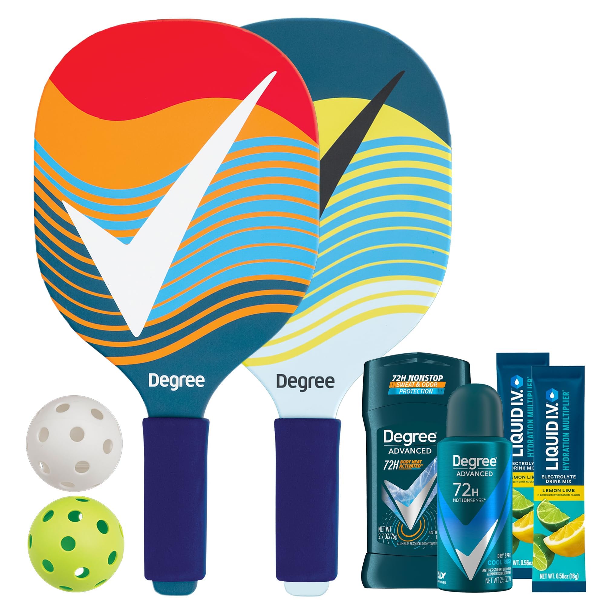 Degree Pickleball Set, Gifts for Men – Men’s Cool Rush MotionSense 72H Antiperspirant Deodorant & Dry Spray, Liquid IV Hydration 2-Pack + Pickleball Paddles and Balls (6 Piece Set)