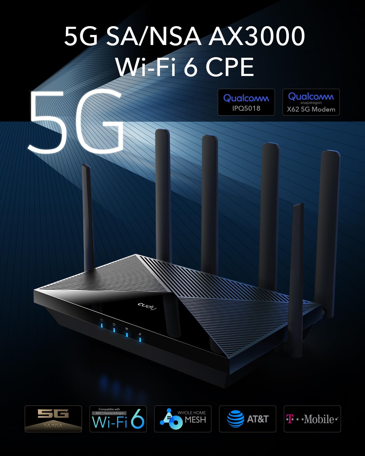 Cudy New 5G NR SA NSA AX3000 WiFi 6 CPE Router, AX3000 Dual SIM 5G Cellular Router, Qualcomm IPQ5018, SDX62, 4 x 4 MIMO, Detachable Antennas, Band Lock, VPN, Zerotier, Cloudflare, P5