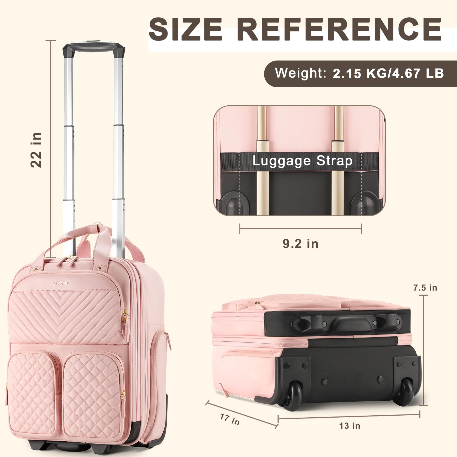 Arcoyard Small Underseat Carry On Luggage with Wheels, Lightweight Travel Airline Approved Personal Item Bag, Multiple Compartments Carry-On Rolling Suitcase for Women, Pink