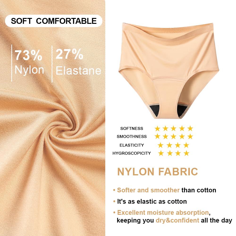 BATTEWA Incontinence Underwear for Women, Leak Proof Underwear Seamless Washable, High Absorbency Panties, Bladder Leak Underwear Protective Briefs 50ml,Beige,Large