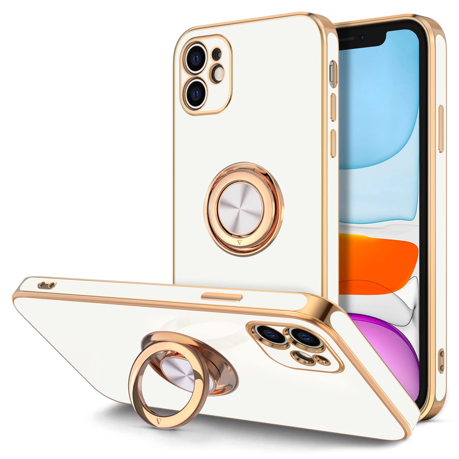 Hython Case for iPhone 11 Case with Ring Stand [360°Rotatable Ring Holder Magnetic Kickstand] [Shiny Plated Rose Gold Edge] Slim Soft TPU Cover Luxury Protective Phone Case for Women Men, White