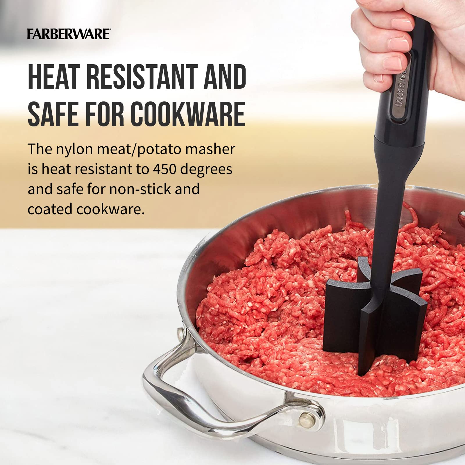 Farberware 5211438 Professional Heat Resistant Nylon Meat and Potato Masher, Safe for Non-Stick Cookware, 10-Inch, Black